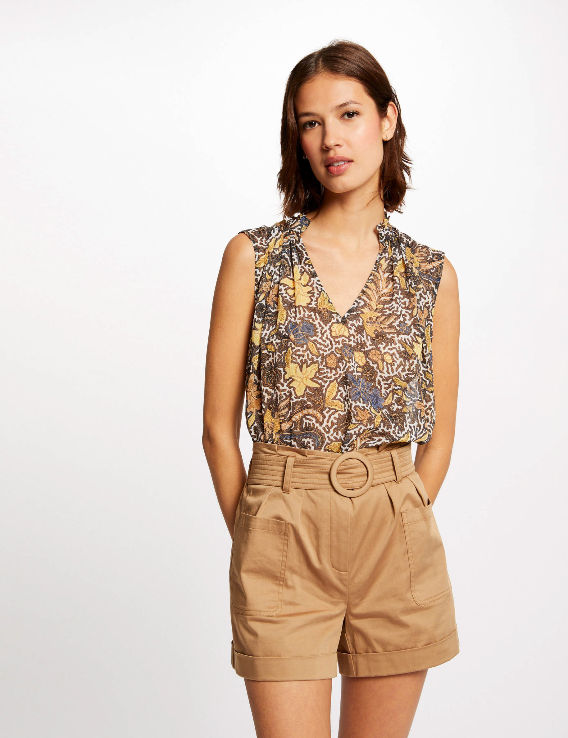 High-waisted straight belted shorts caramel ladies'
