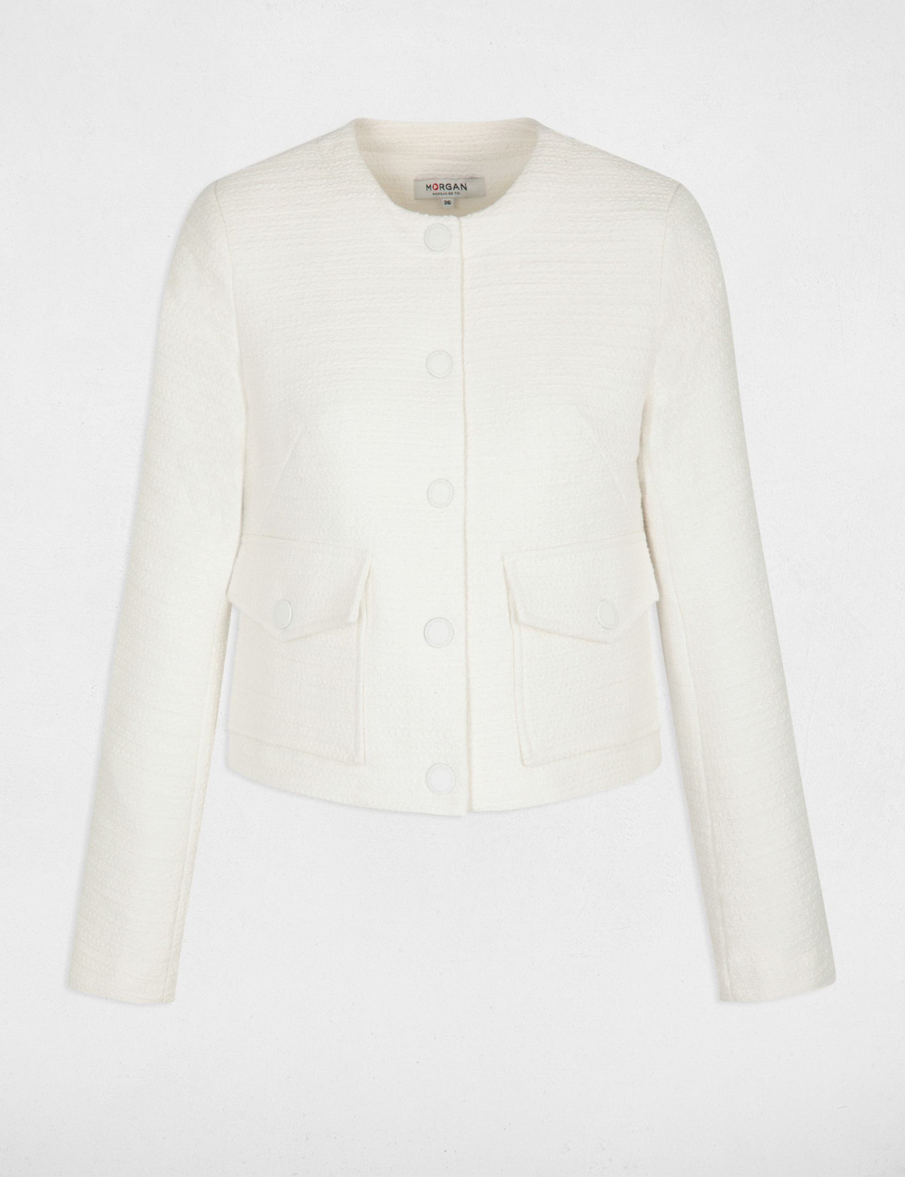 Short Buttoned Tweed Jacket Ecru Ladies Morgan beach-view-nocopyrightinfringementintended-chilling-niceview-fyp