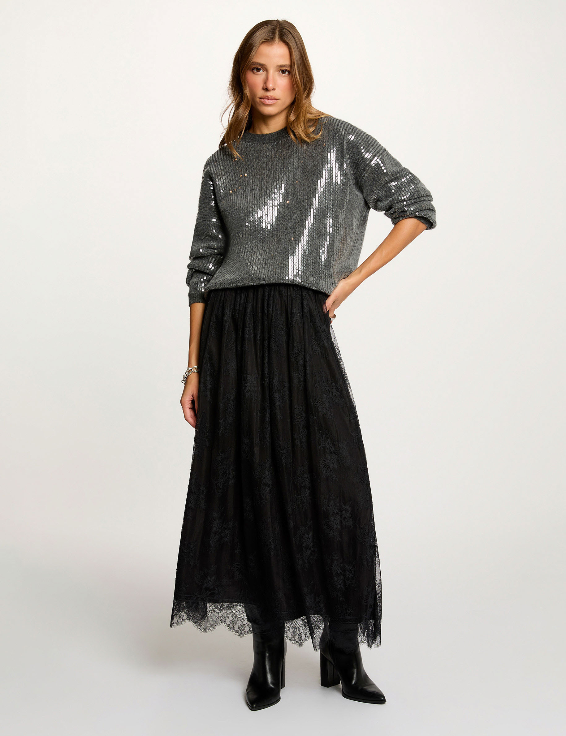 Sequin sweater with round neck dark grey women