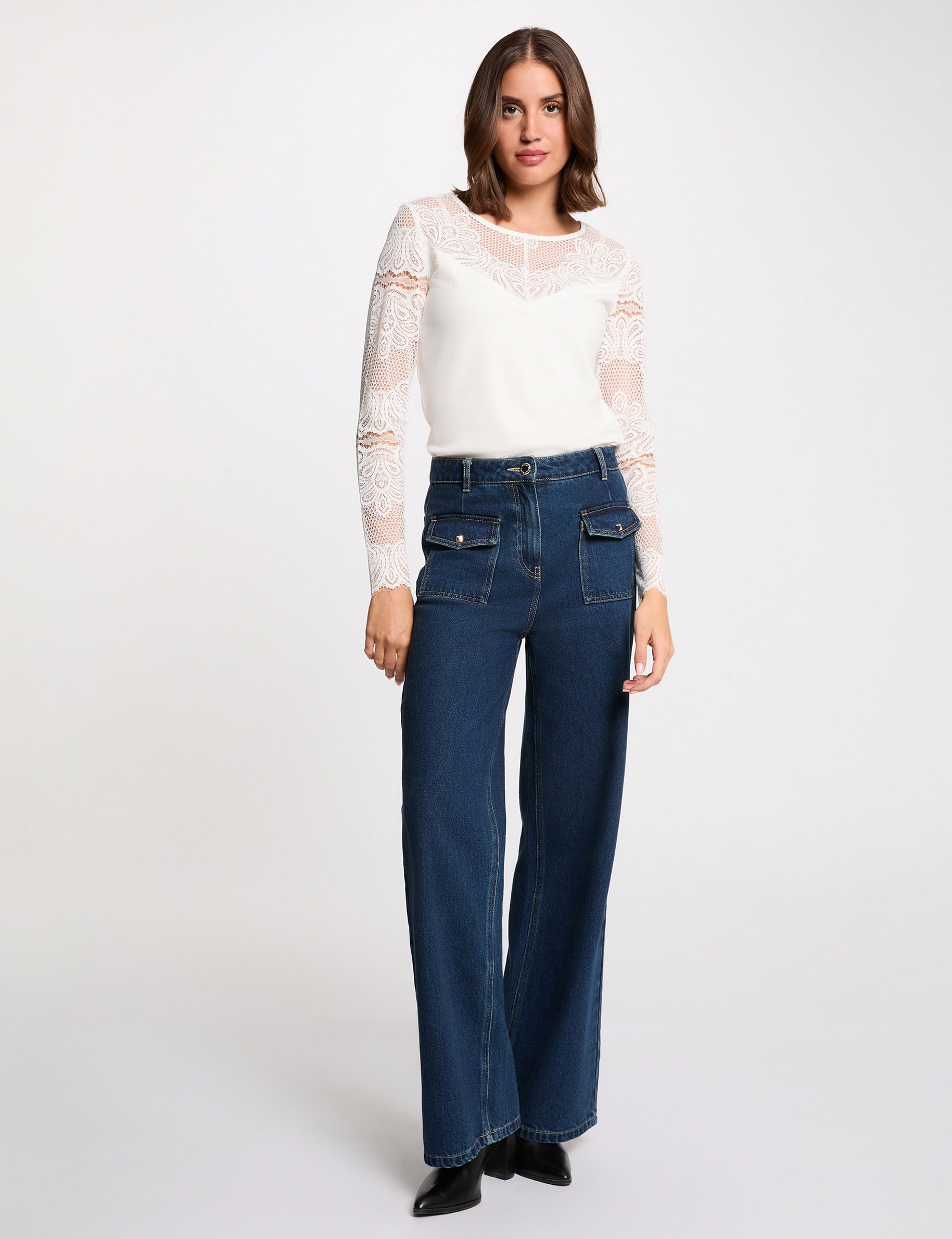 Long-sleeve lace t-shirt white women