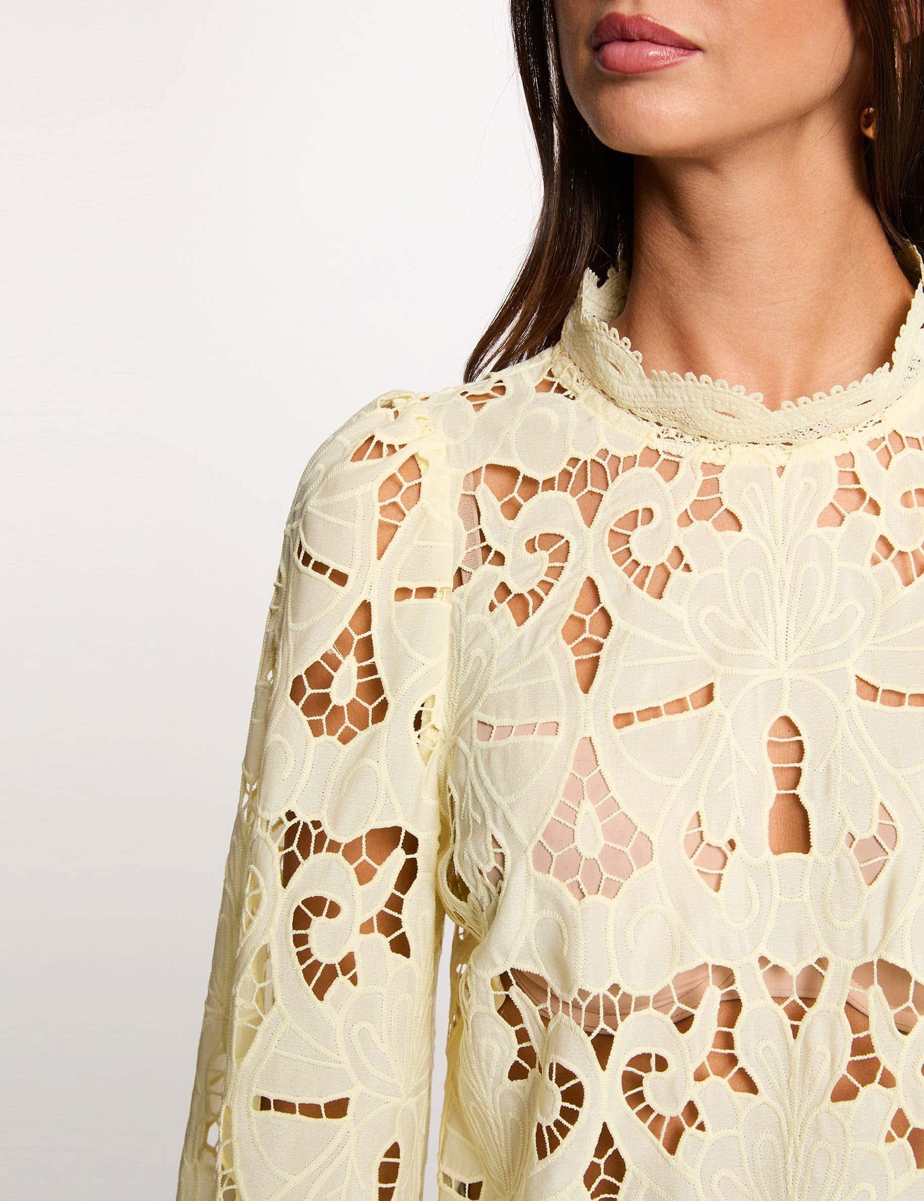 Embroidered blouse with high neck pastel yellow women