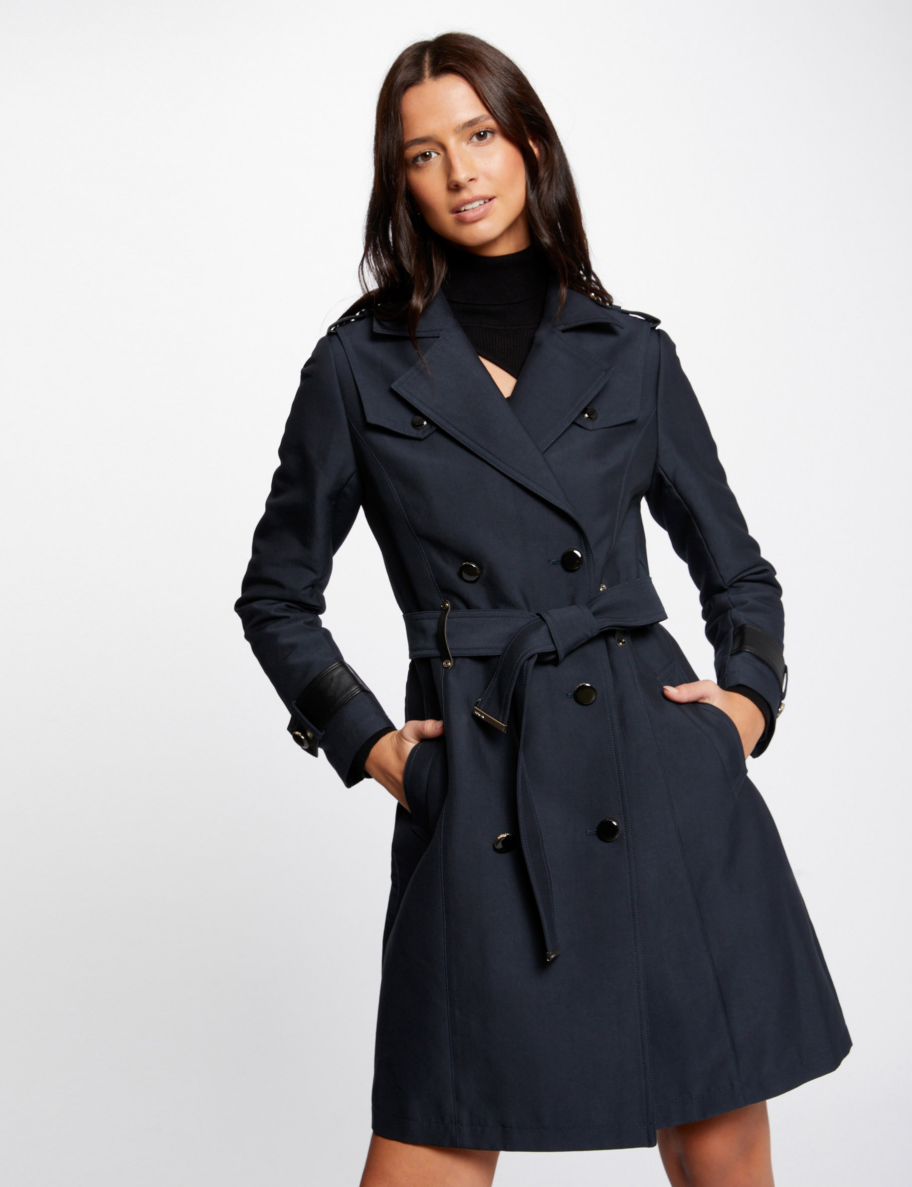 Belted trenchcoat faux leather details navy ladies' | Morgan