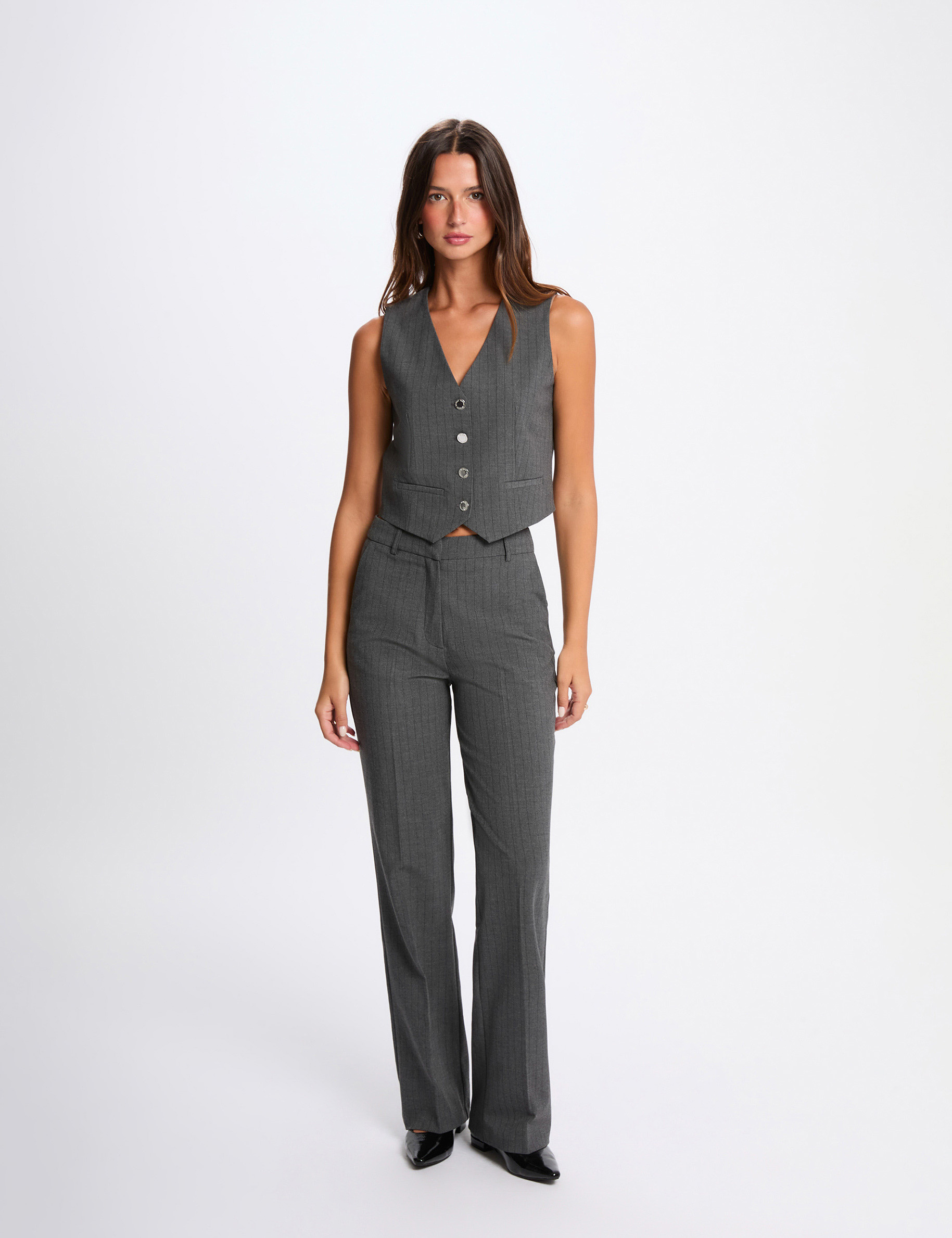 Striped sleeveless cardigan mid-grey women