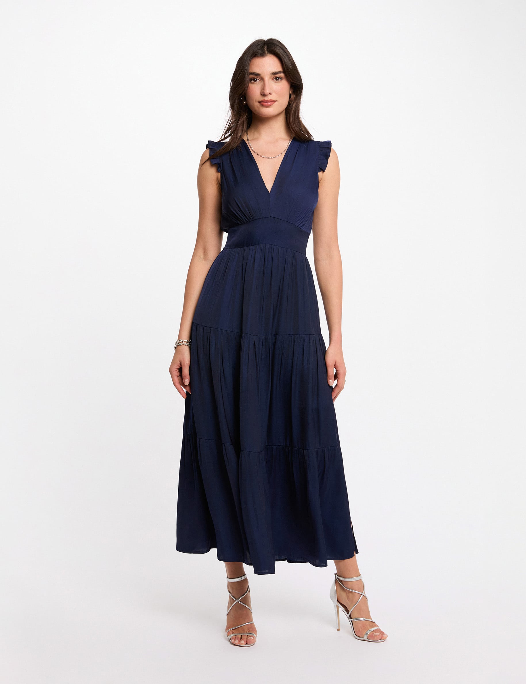 Long dress with V-neck navy blue women | Morgan