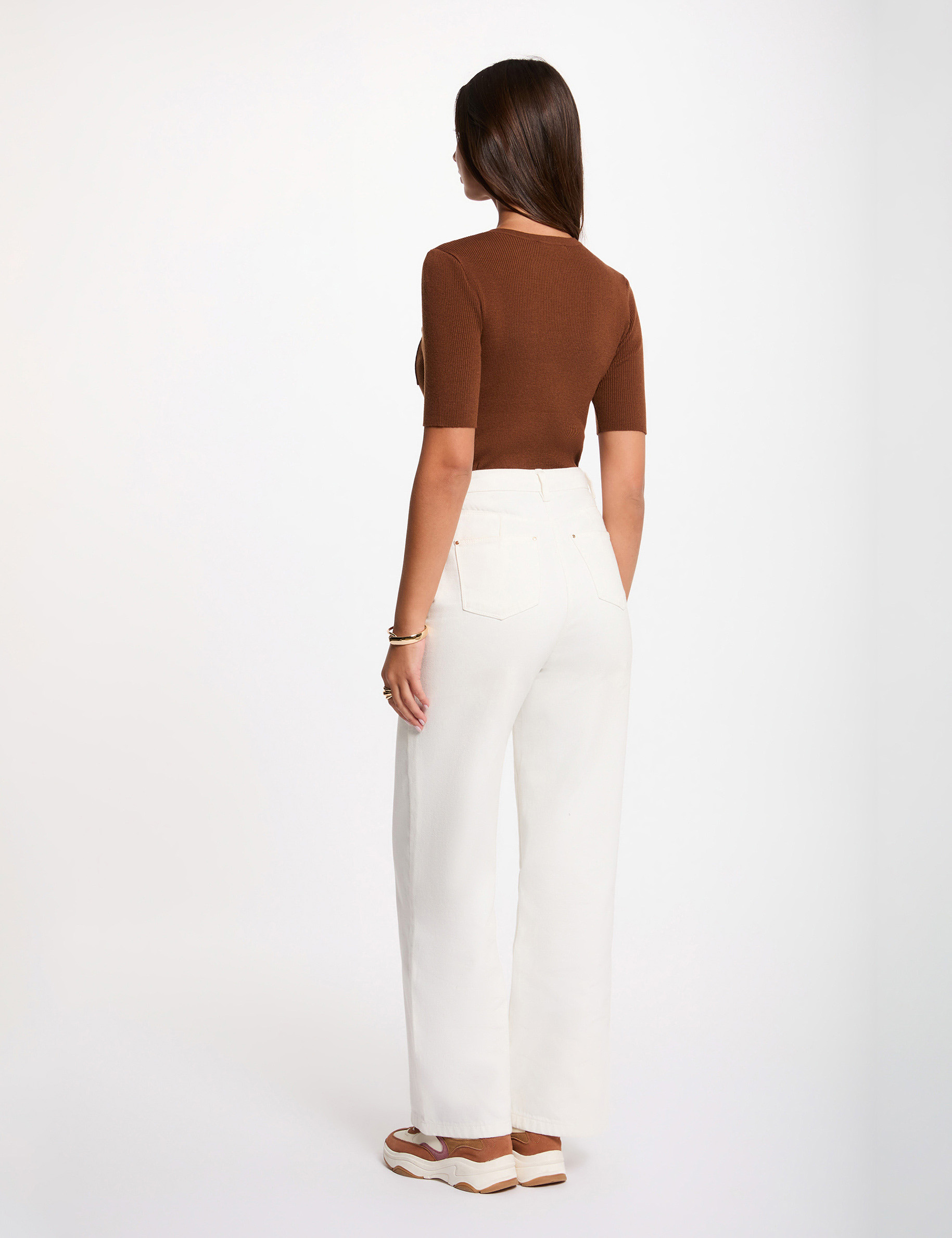 Short-sleeve round-neck sweater chocolate brown women