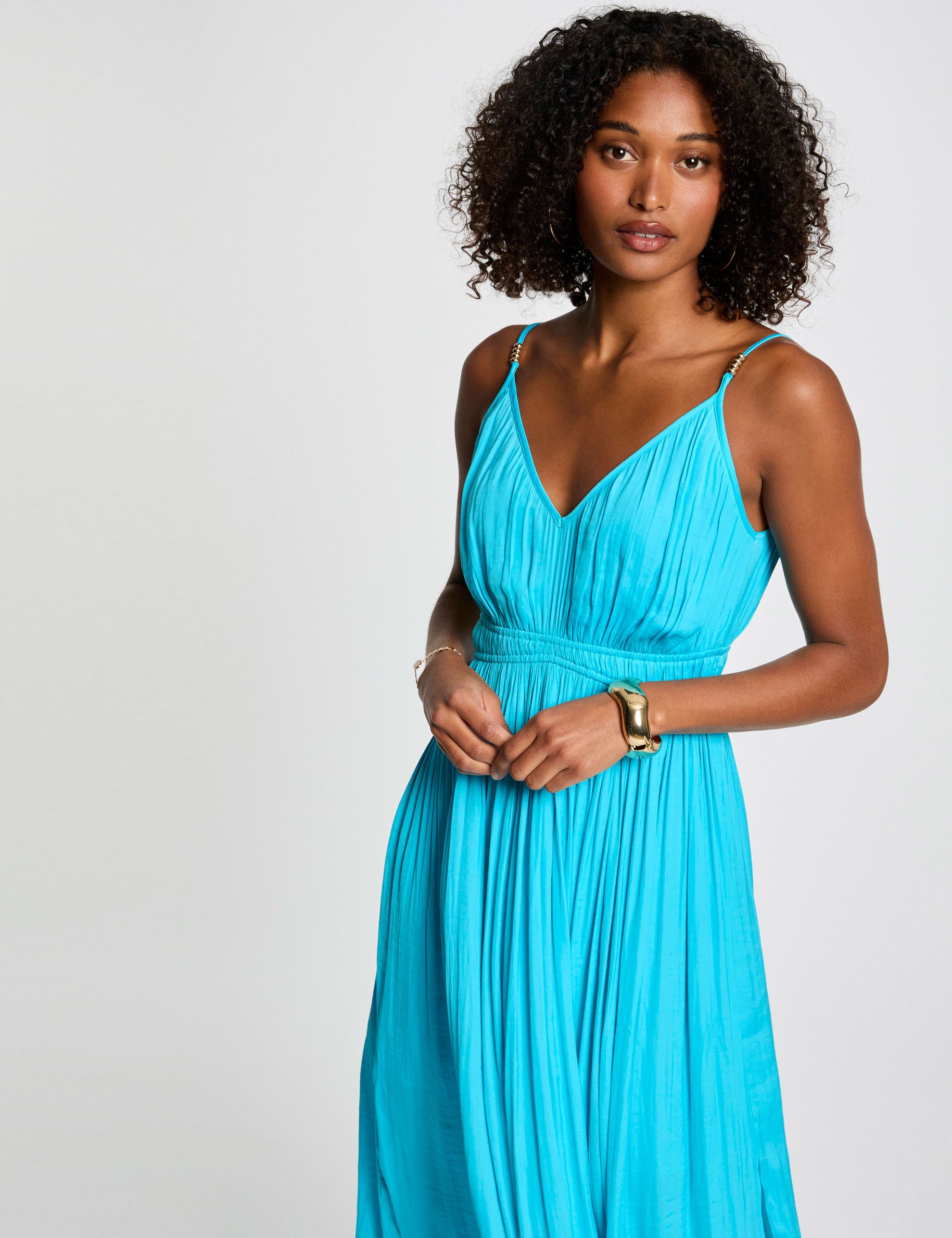 robe midi droite plisse bleu ciel femme Robe midi droite pliss�e bleu ciel femme