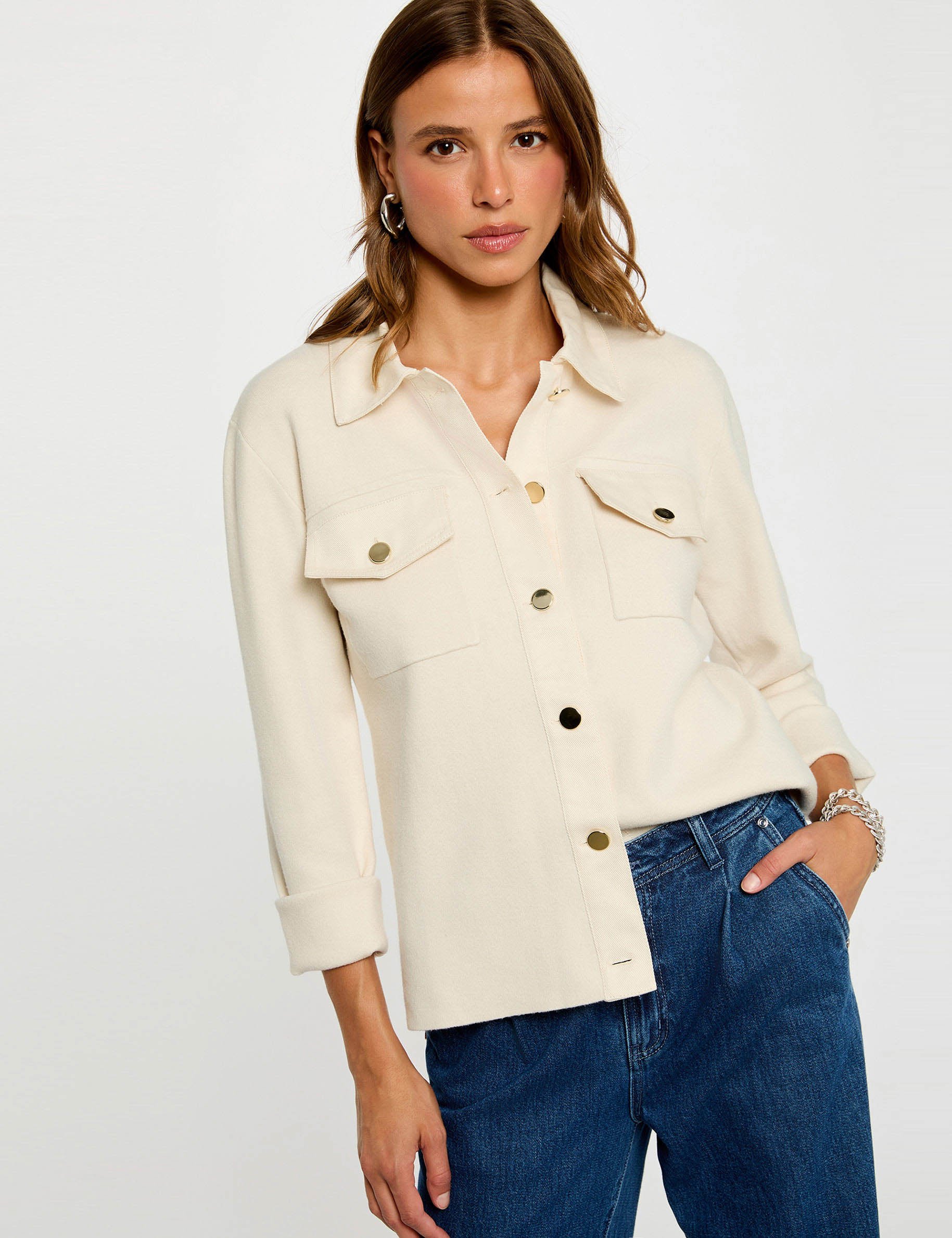 Cropped sweater with turned-down collar ivory women