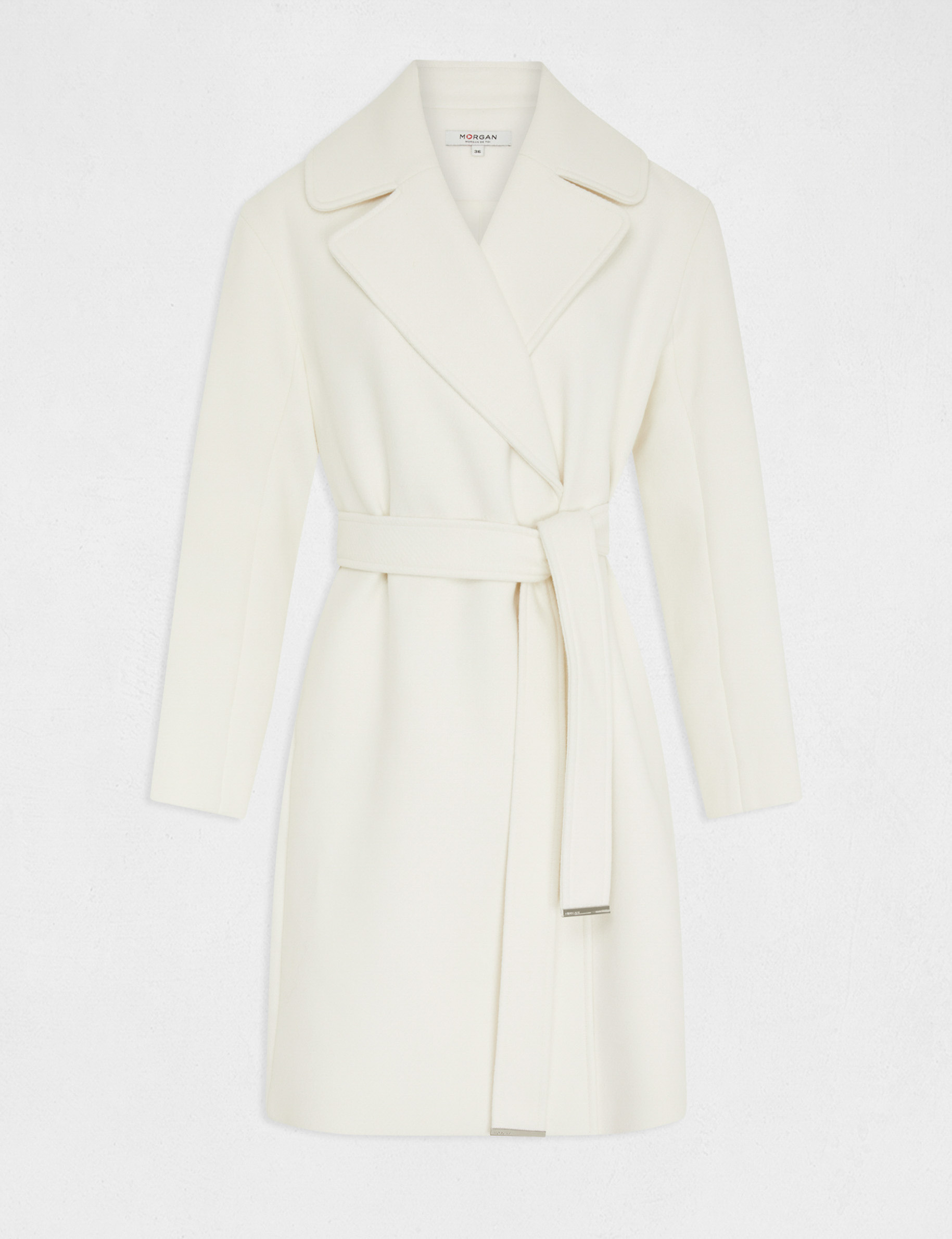 Belted long straight coat ecru ladies'