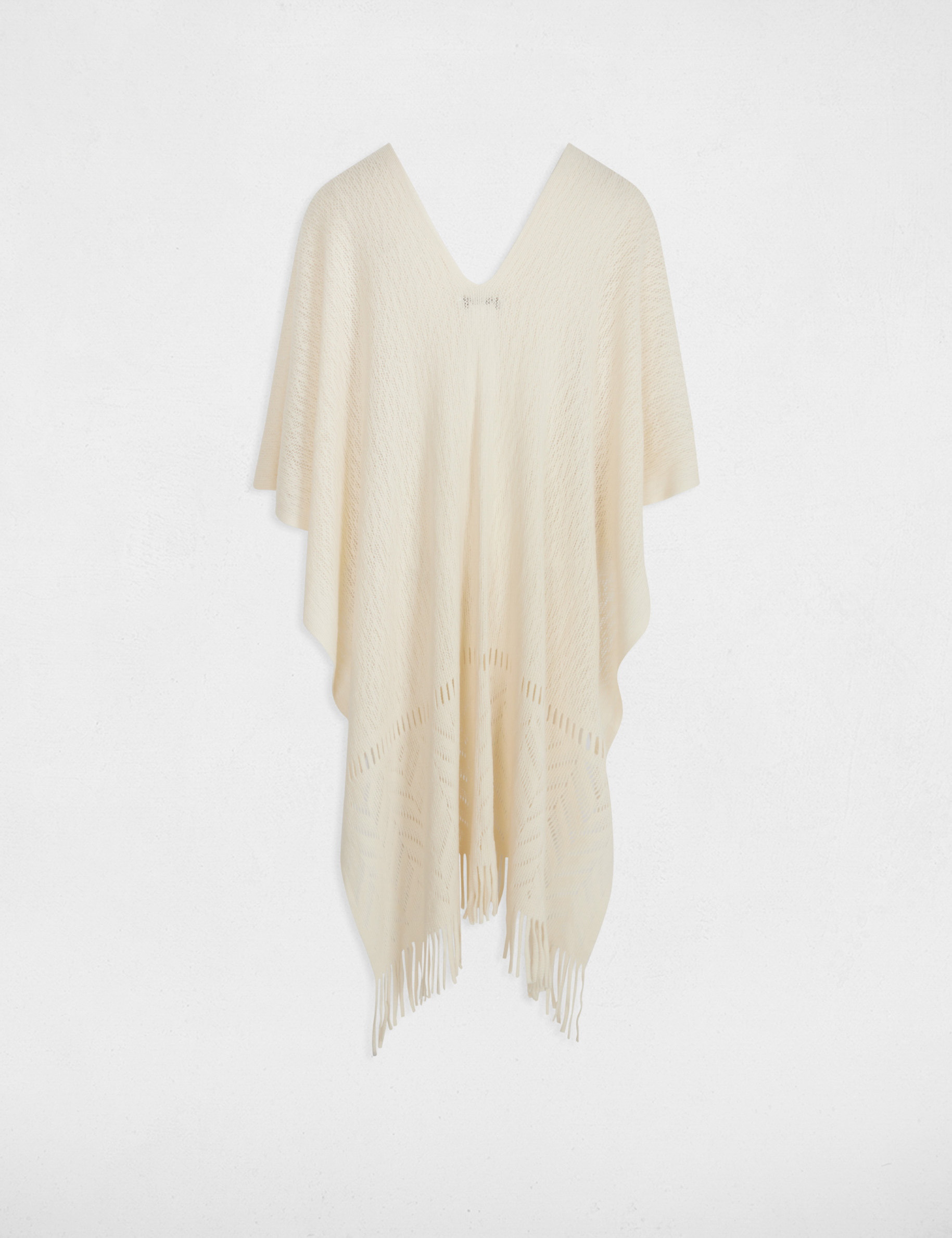 knitted cape with fringes ivory women Knitted cape with fringes ivory women