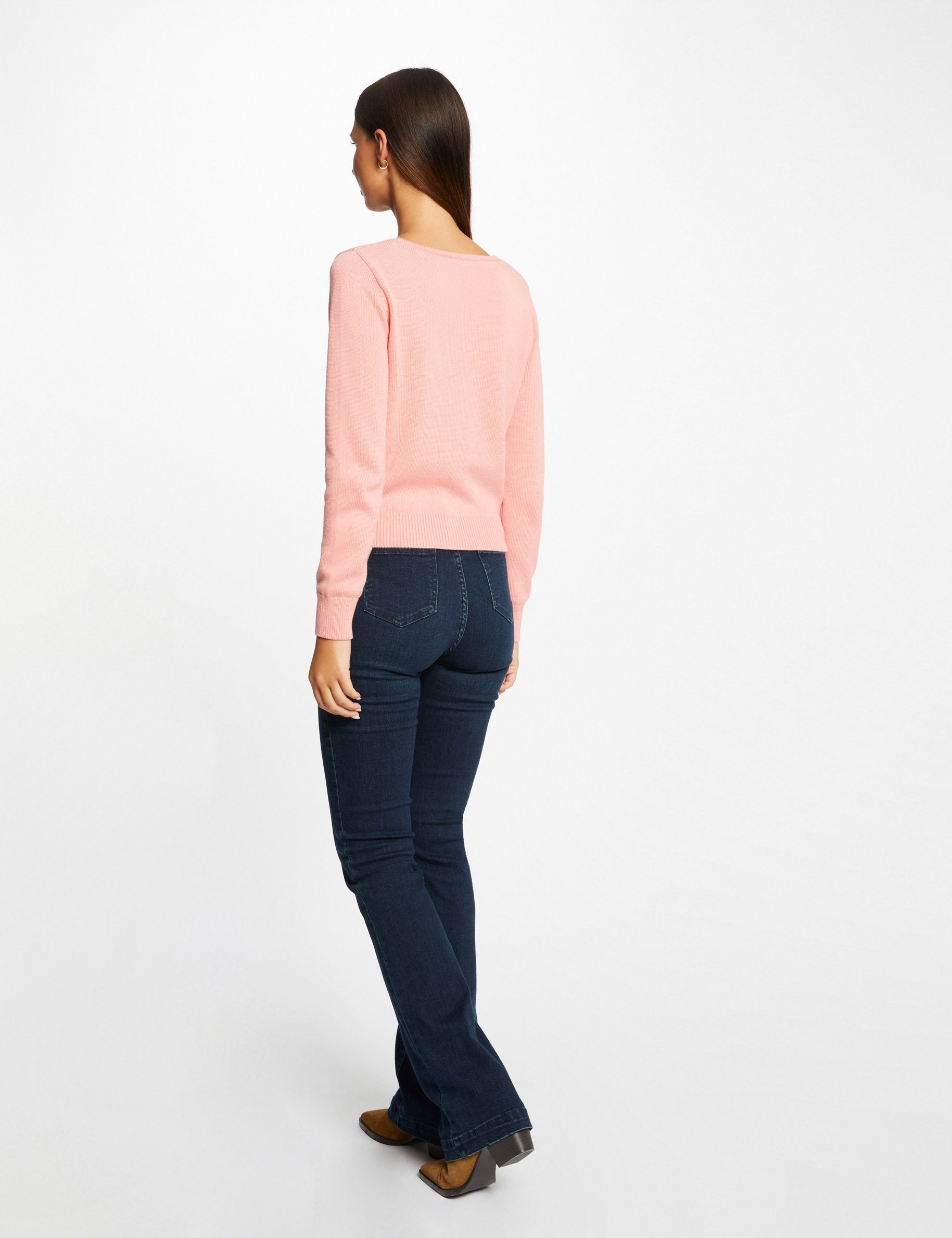 Straight buttoned cardigan with V-neck pale pink ladies'