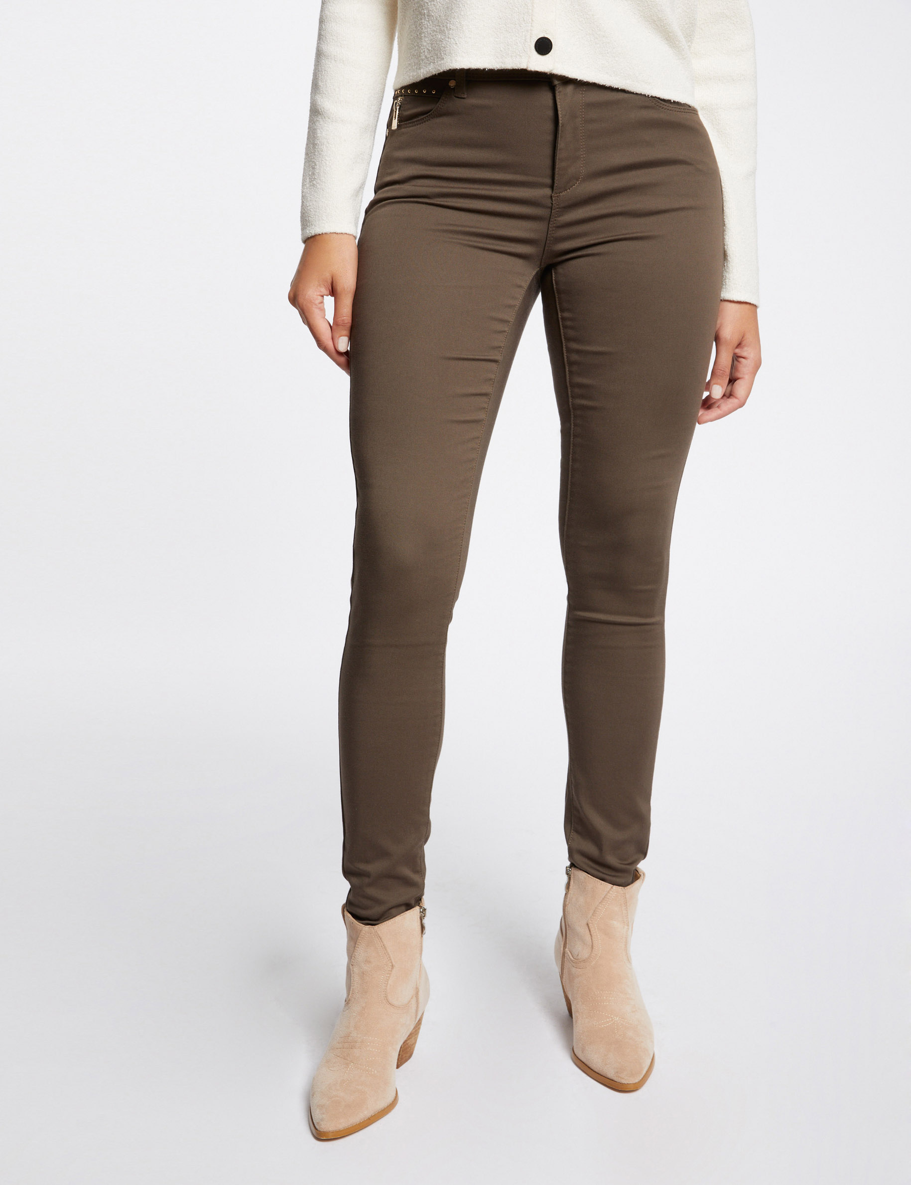 Skinny trousers with satin effect khaki green ladies'