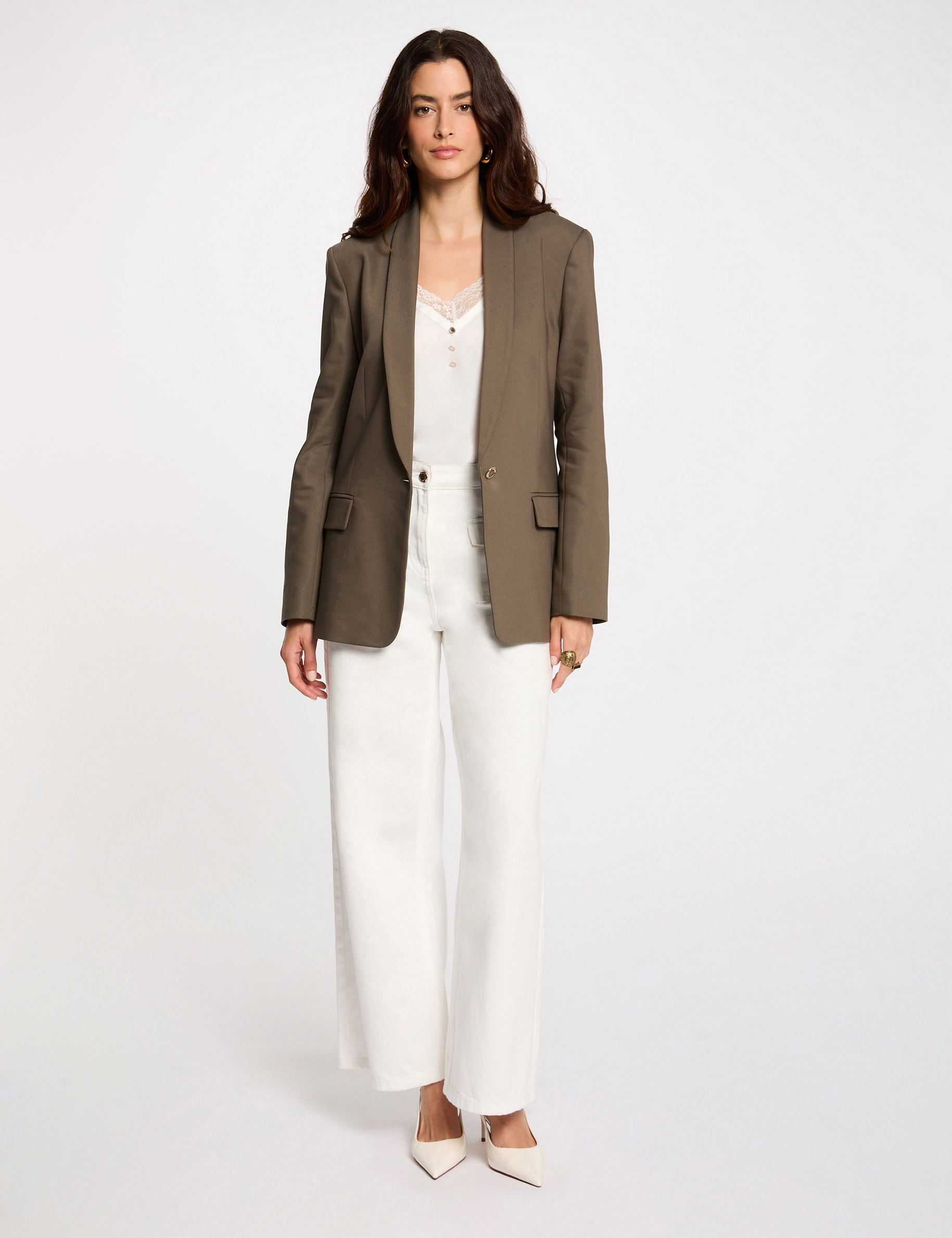 short jacket shawl collar khaki green women Short jacket shawl collar khaki green women