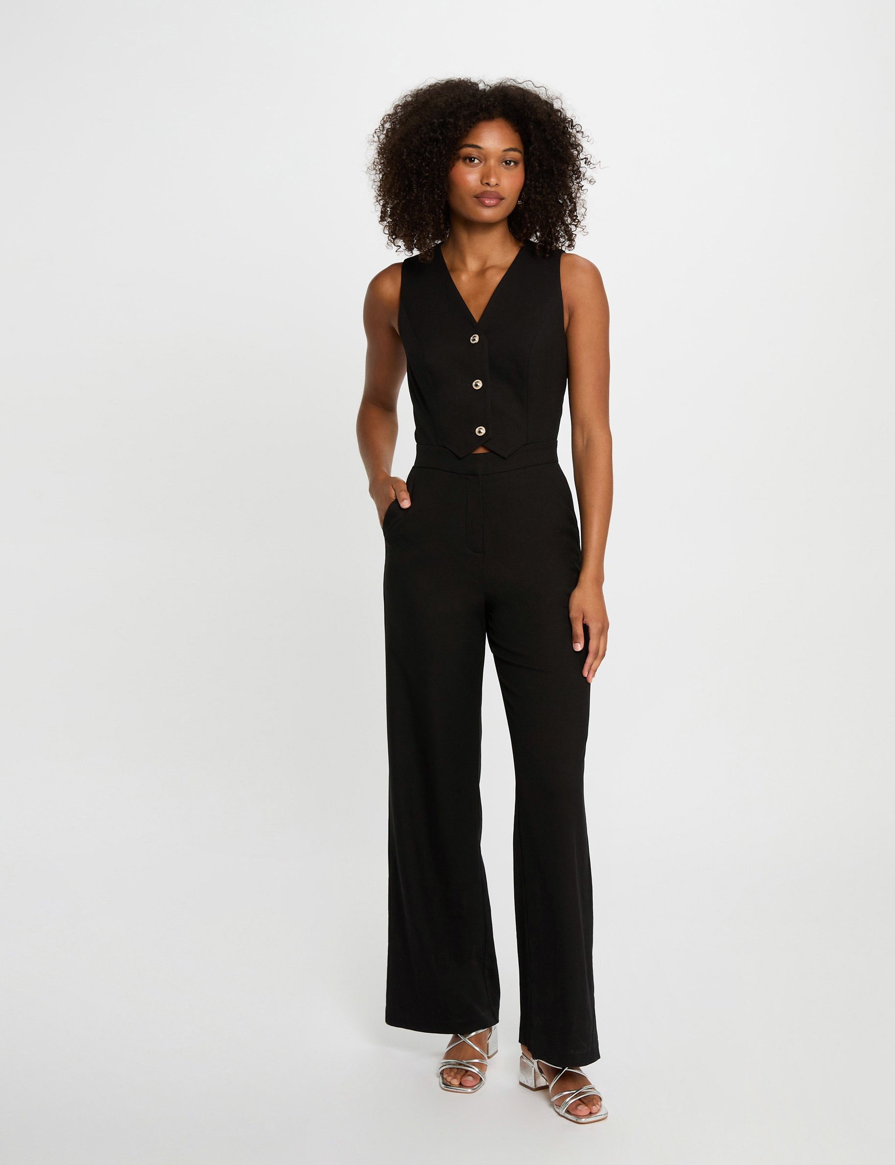 combinaison longue col en v noir femme Combinaison longue col en V noir femme