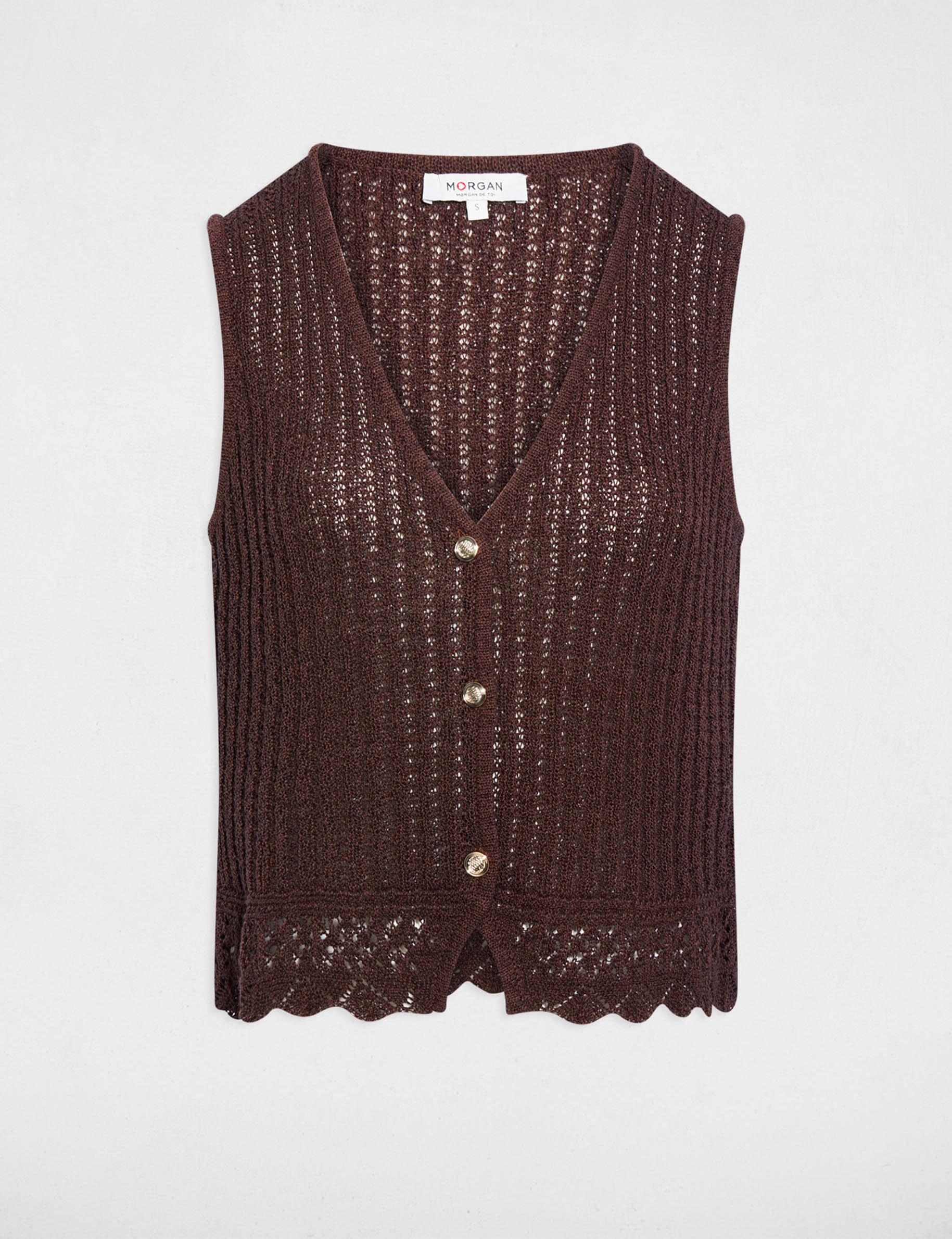 Sleeveless openwork cardigan dark brown women