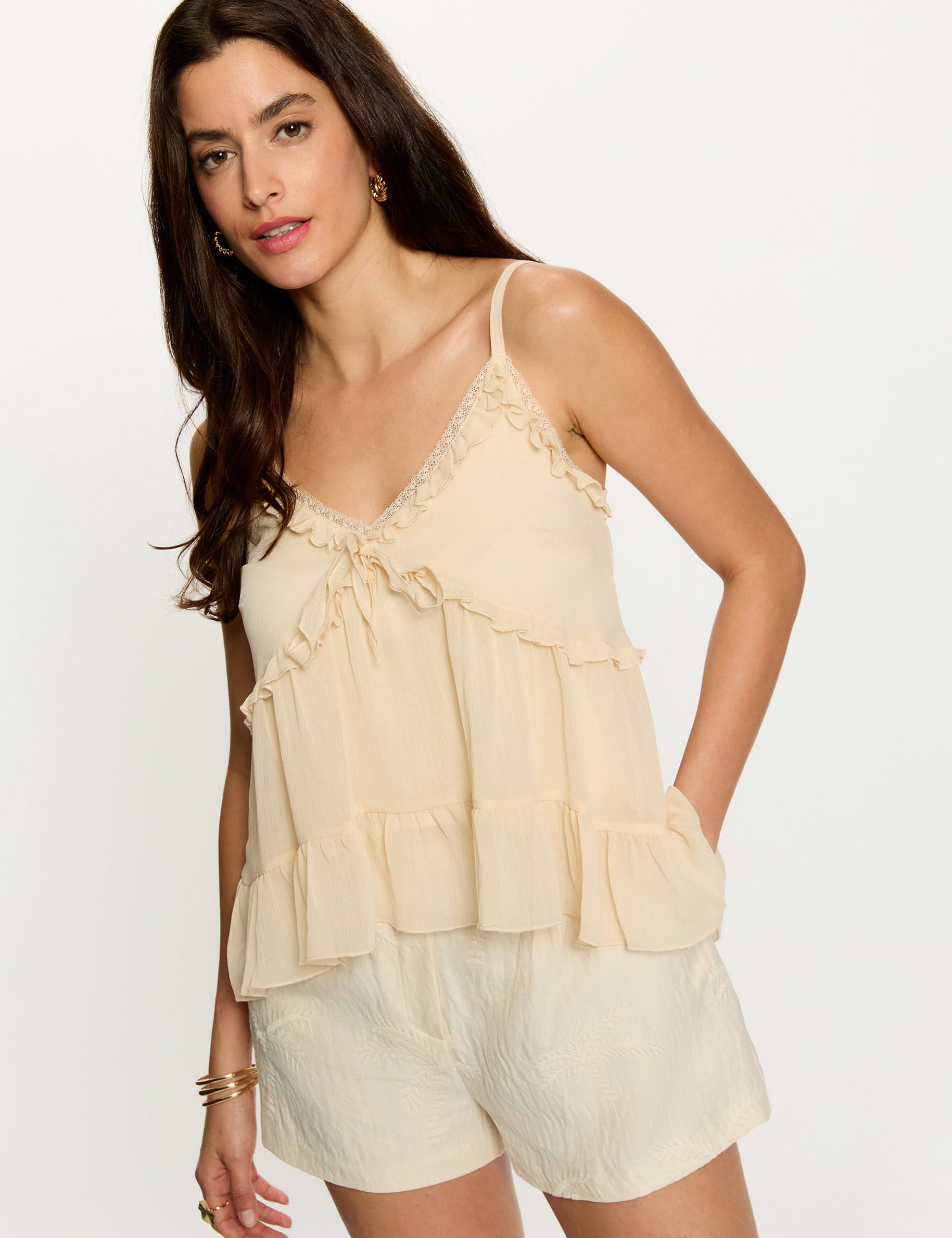 Fitted top with details cream women