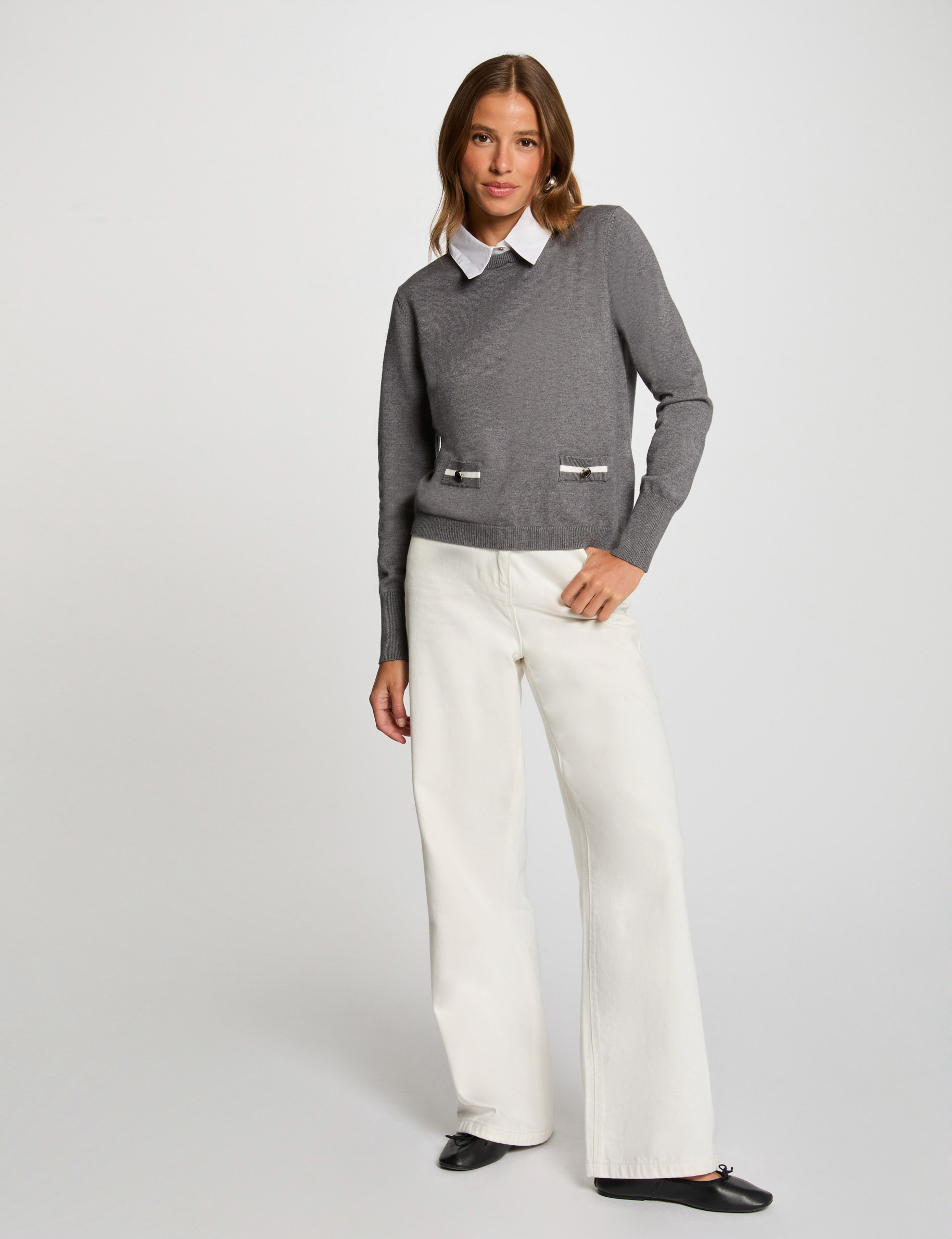Pull col chemise gris foncé femme