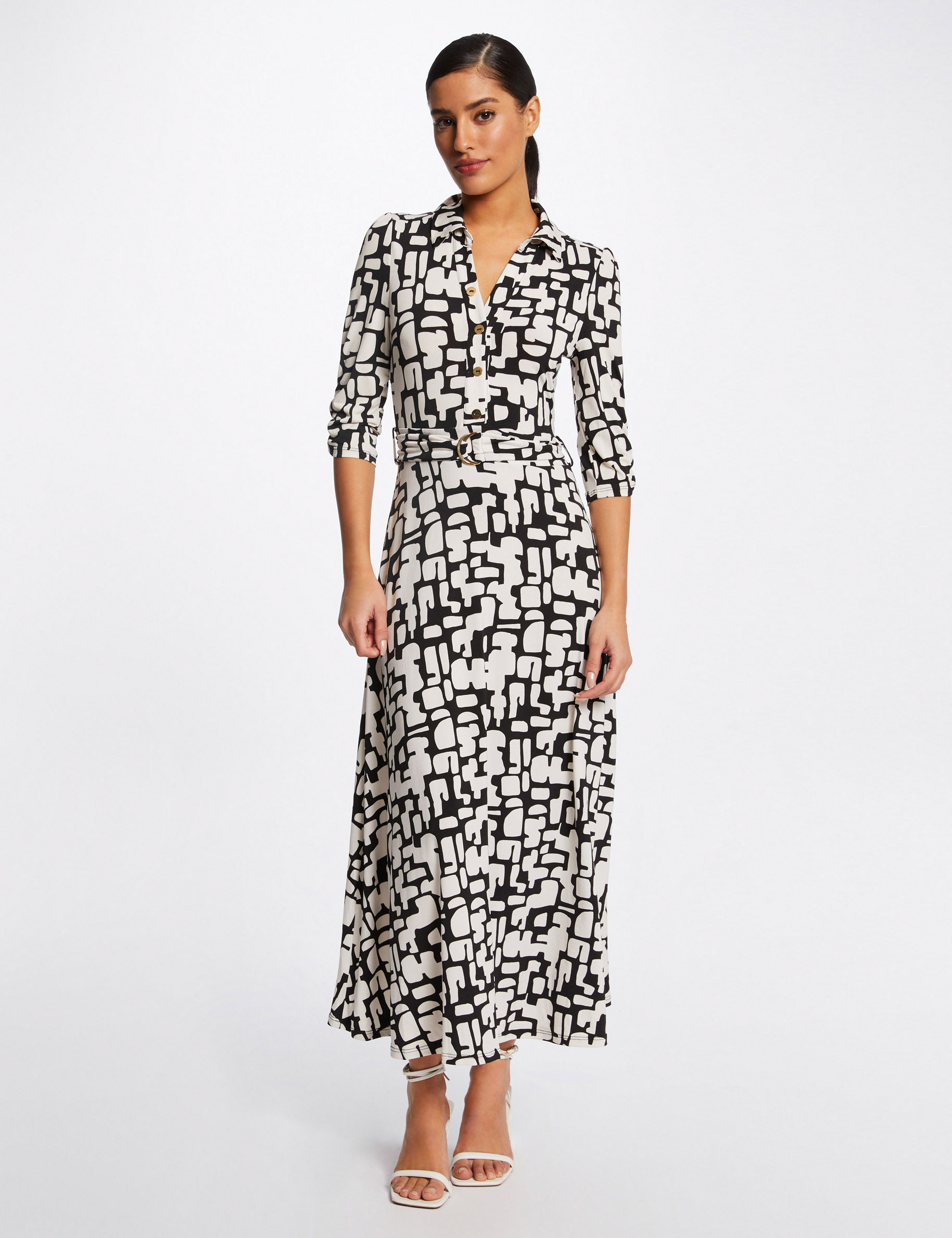 maxi a line dress with abstract print ecru women Maxi A-line dress with abstract print ecru women