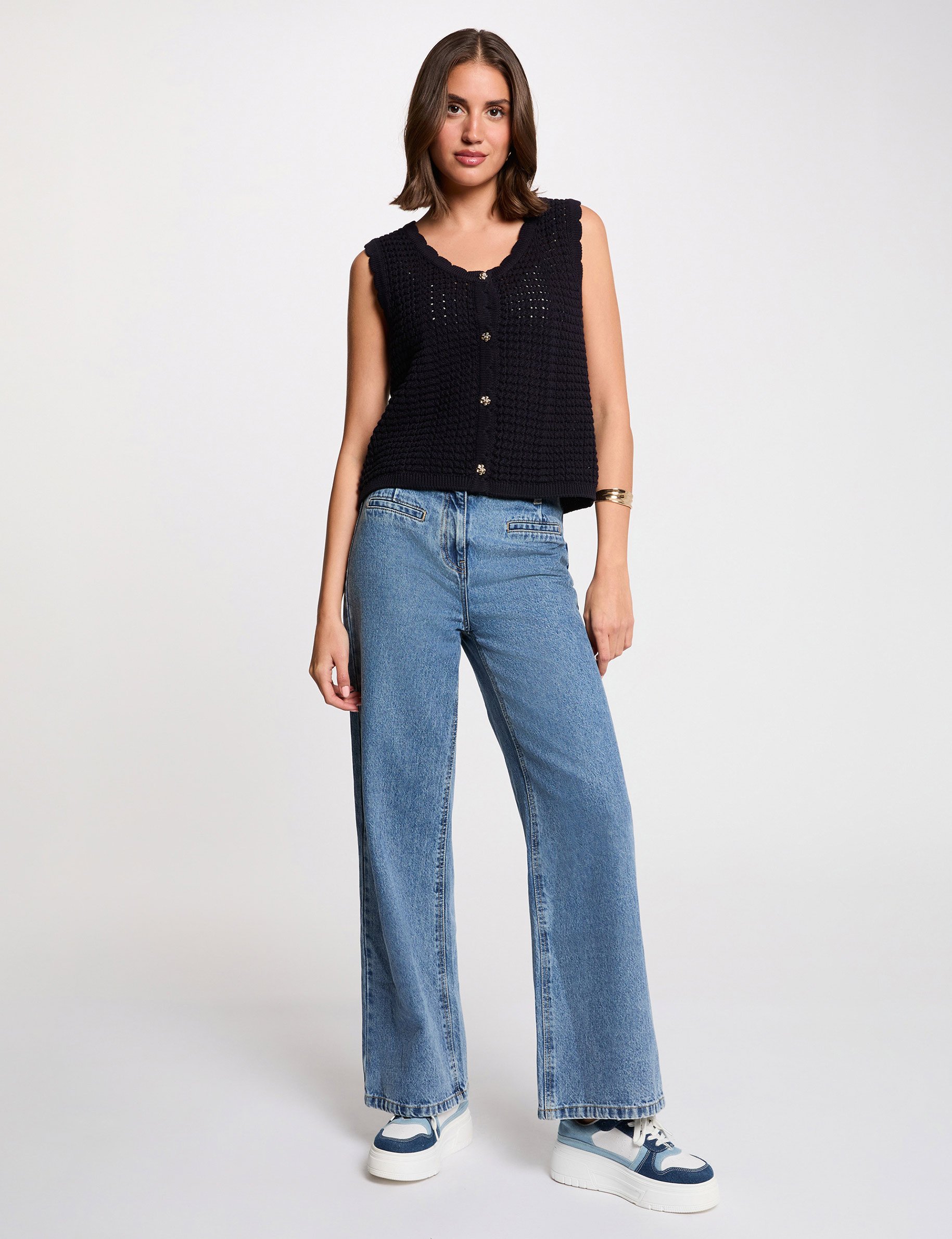 Sleeveless openwork cardigan navy blue women