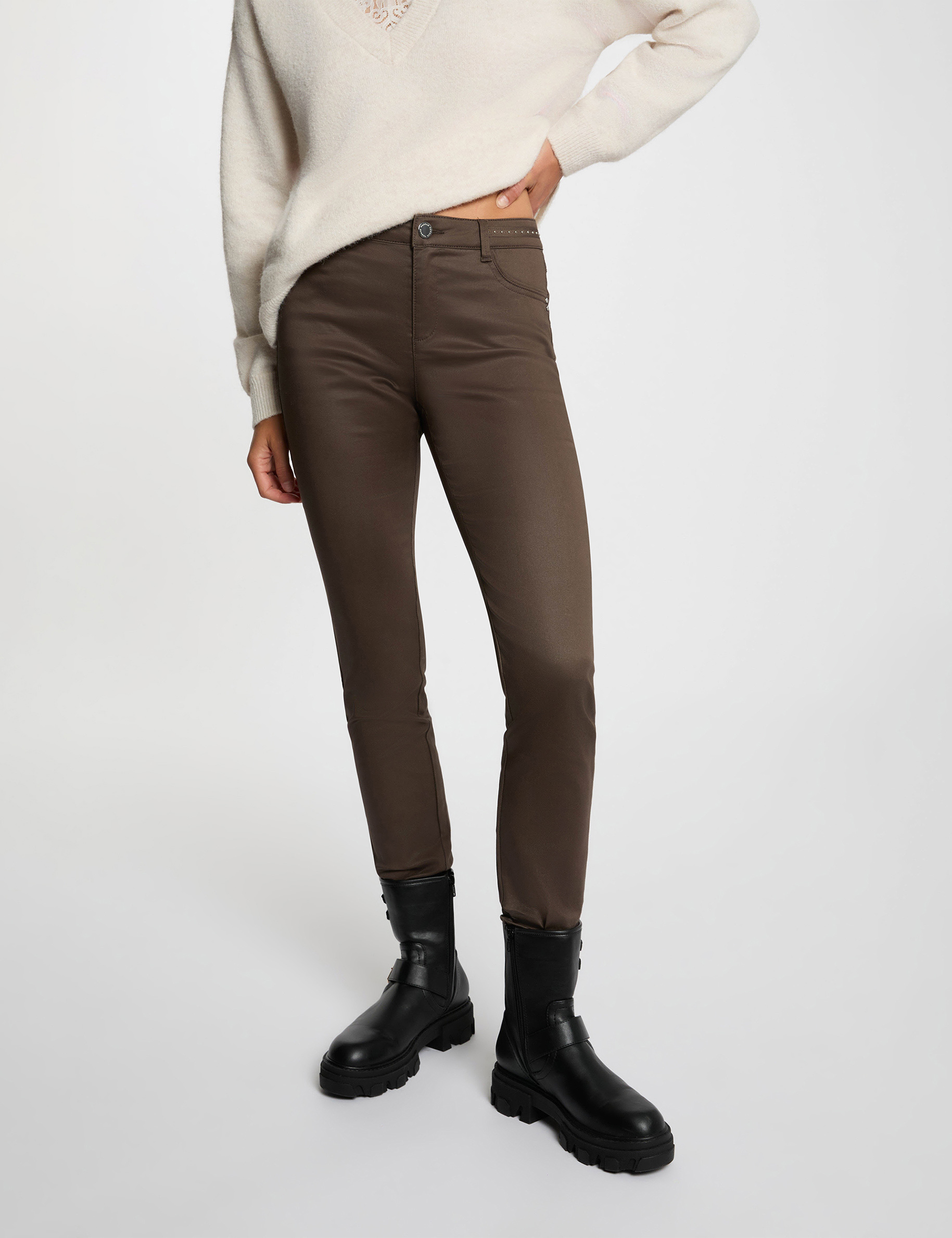 Slim trousers wet effect taupe women