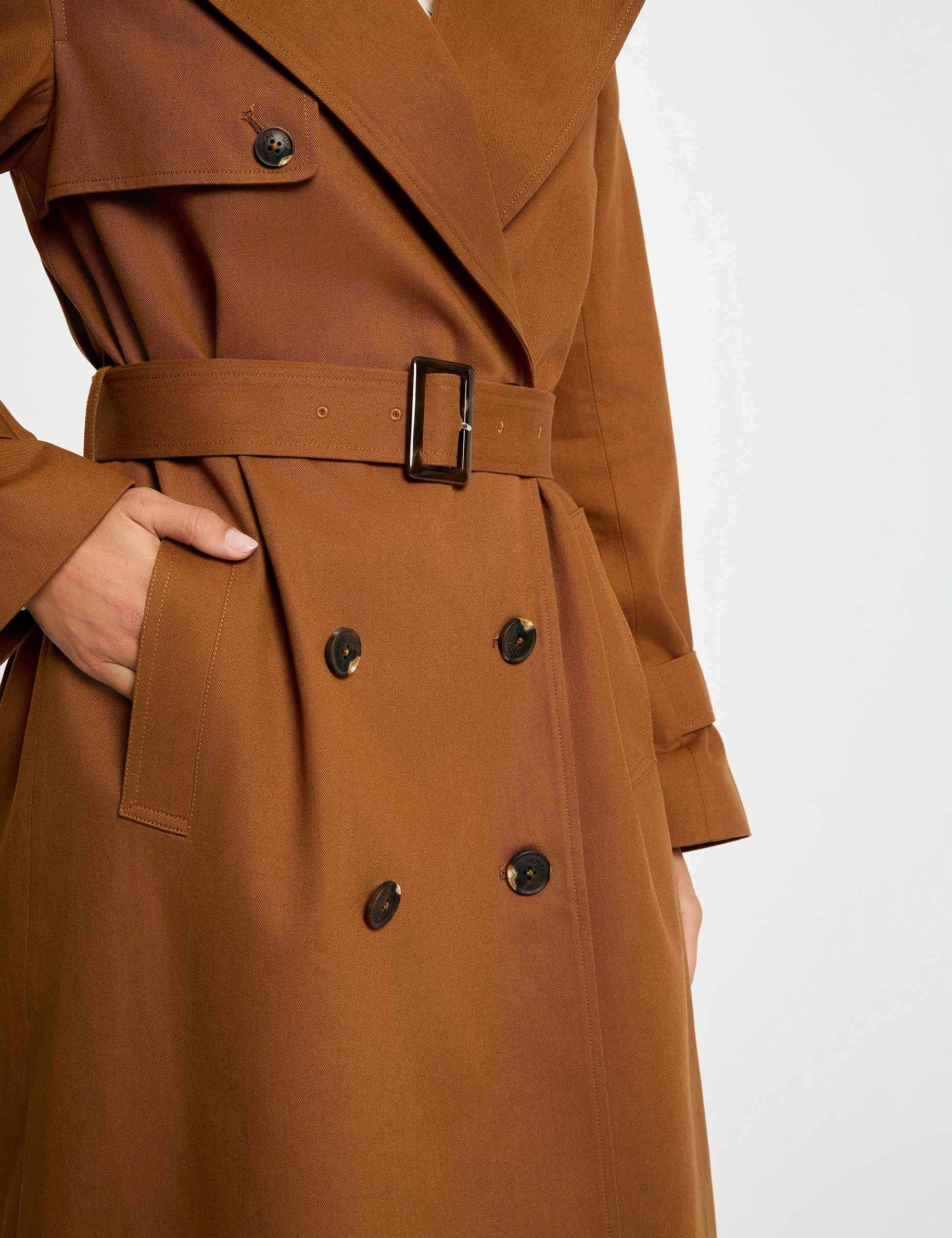 Long trench coat with tailored collar cognac brown women
