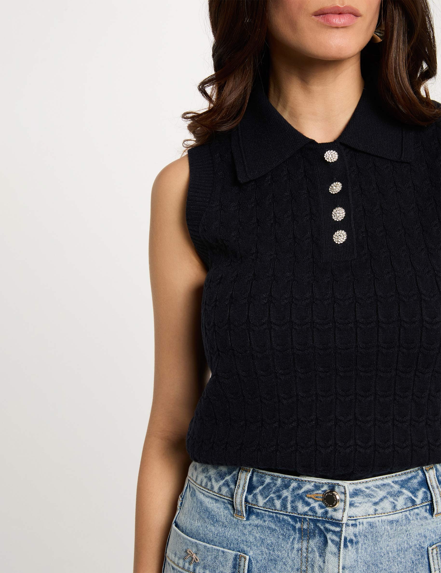 Sleeveless top with folded collar navy blue women