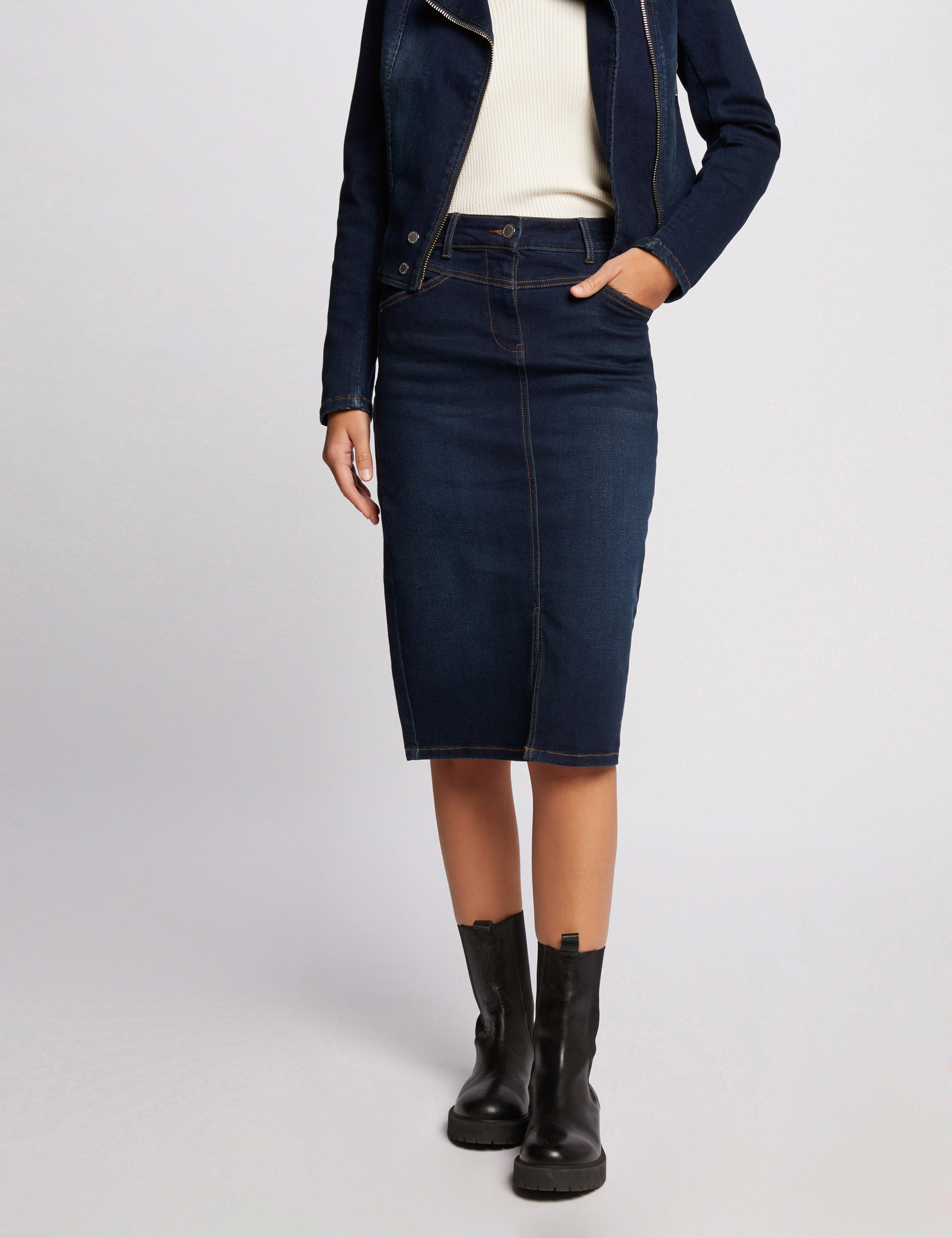 knee length denim skirt raw denim women Knee-length denim skirt raw denim women