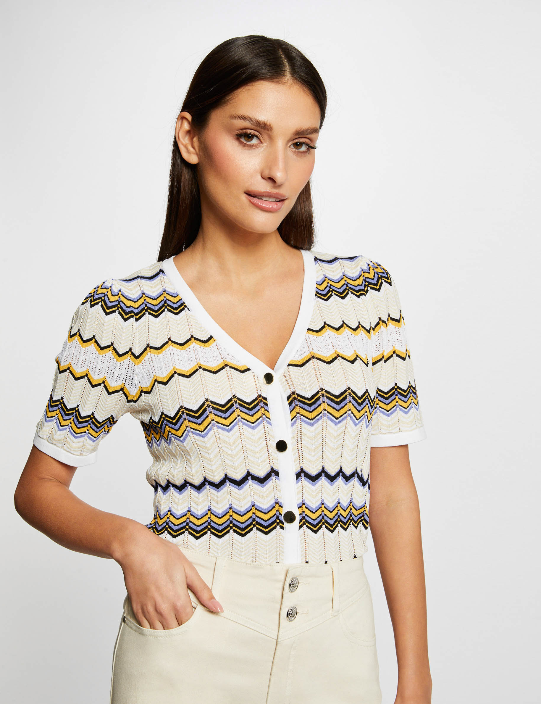 Short-sleeved jumper chevron print ivory ladies' Short-sleeved jumper chevron print ivory ladies'