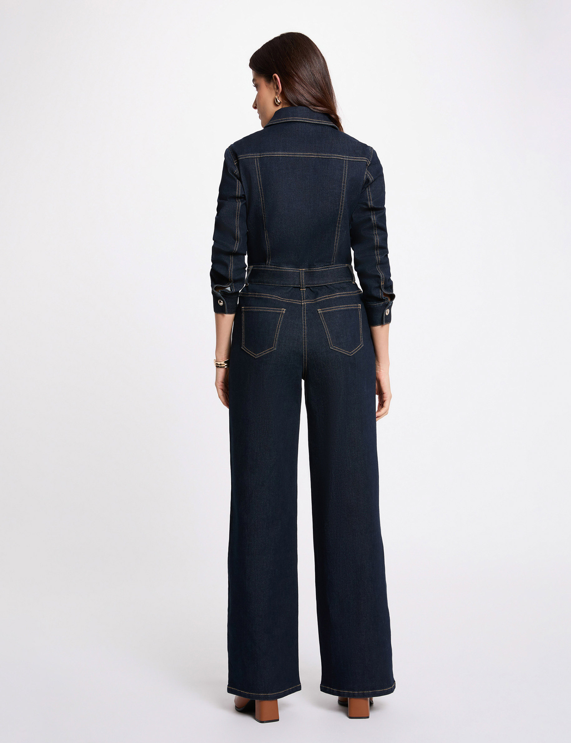 Wide-leg denim jumpsuit raw denim women