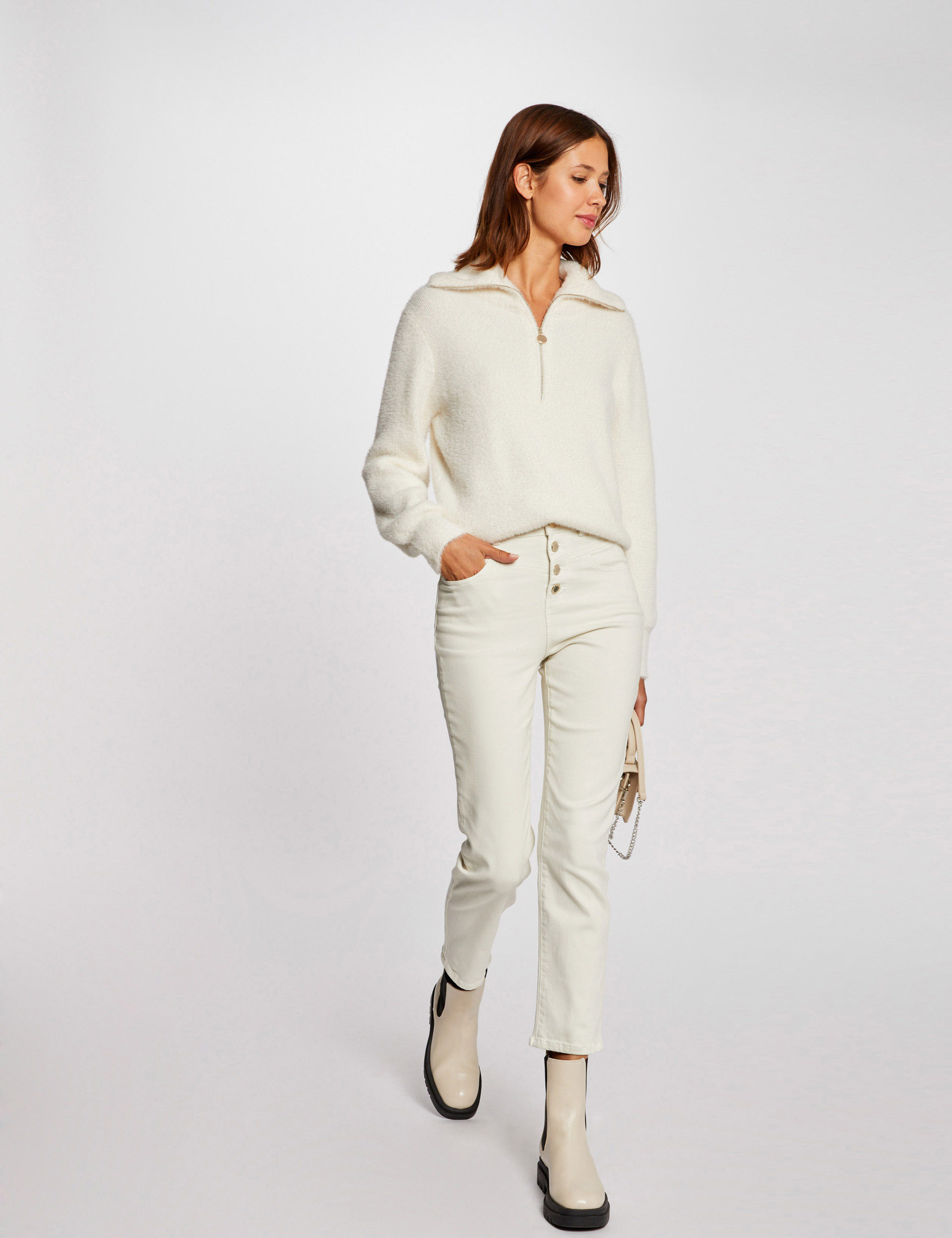 Long-sleeved jumper with zipped collar ivory ladies'