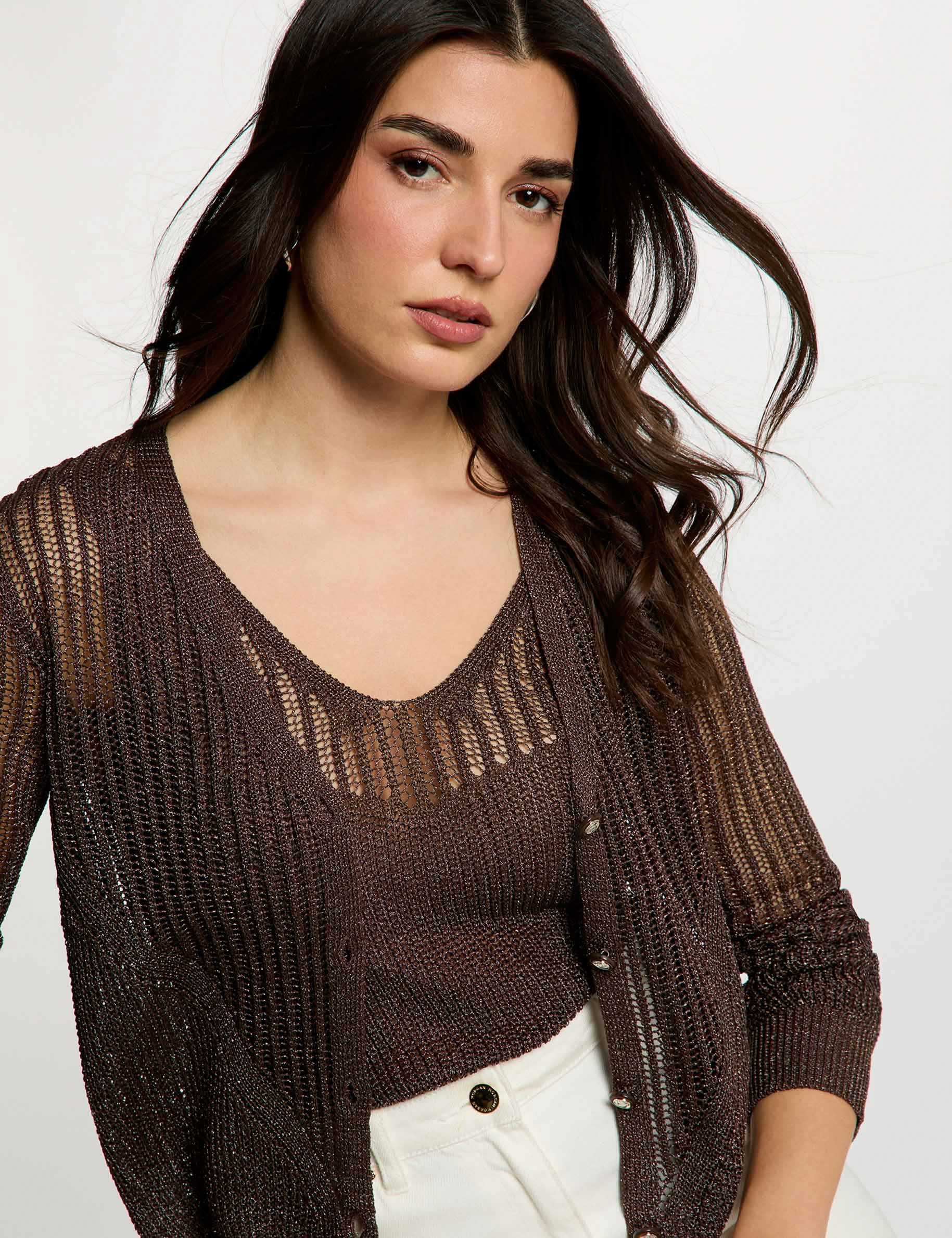 Openwork long-sleeved cardigan dark brown women