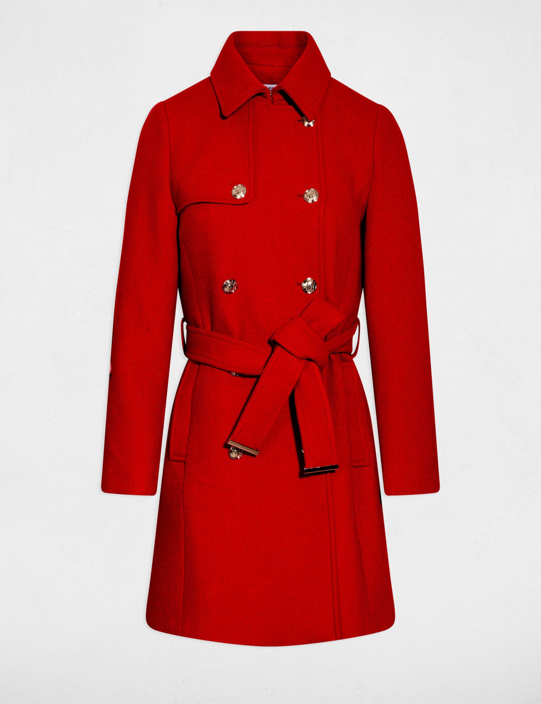 Belted long coat red women