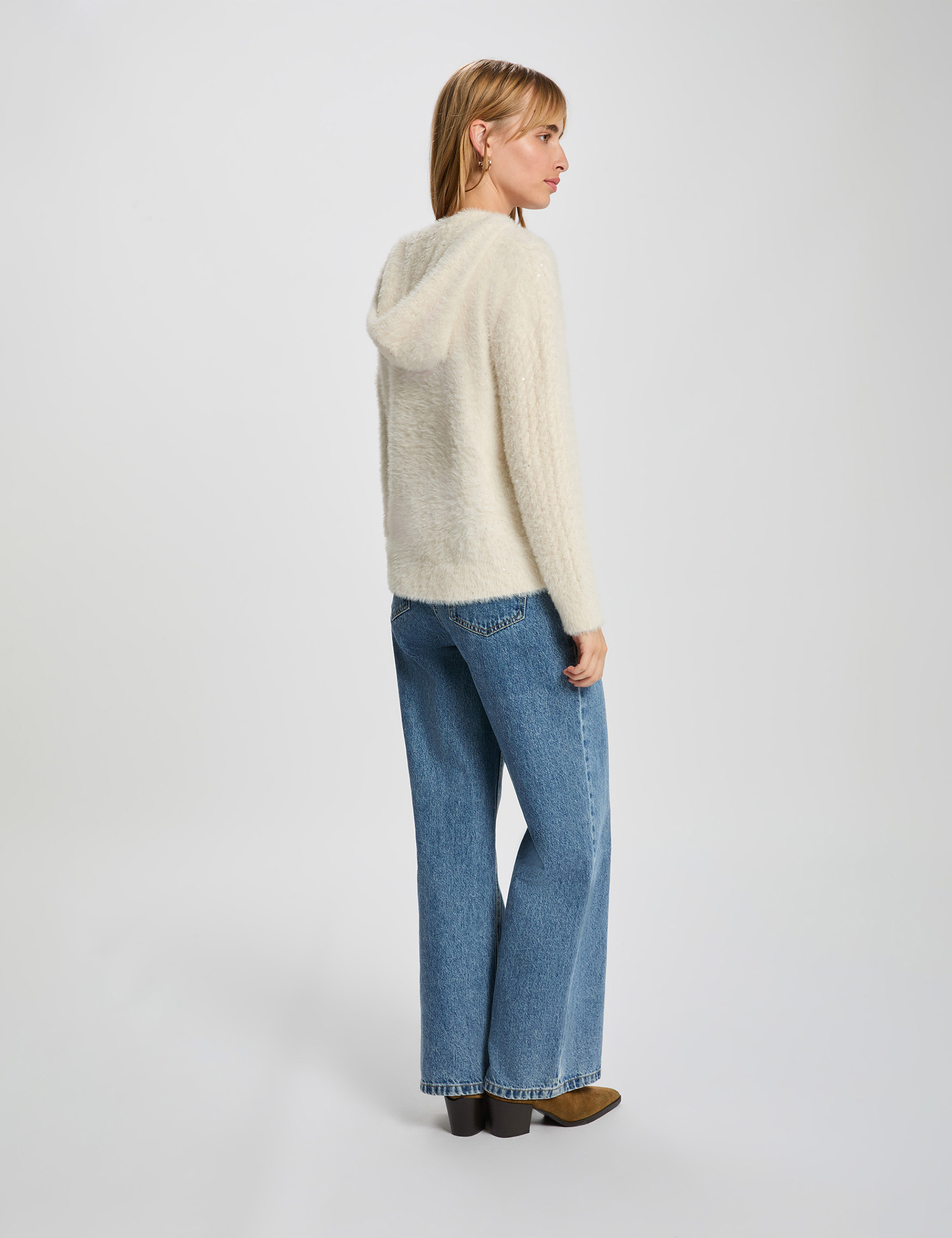 Sequin hoodie sweater ivory women