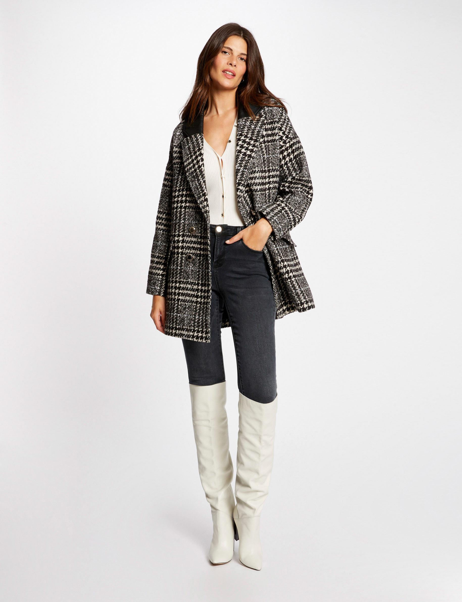 Straight coat with houndstooth print ecru ladies' Straight coat with houndstooth print ecru ladies'