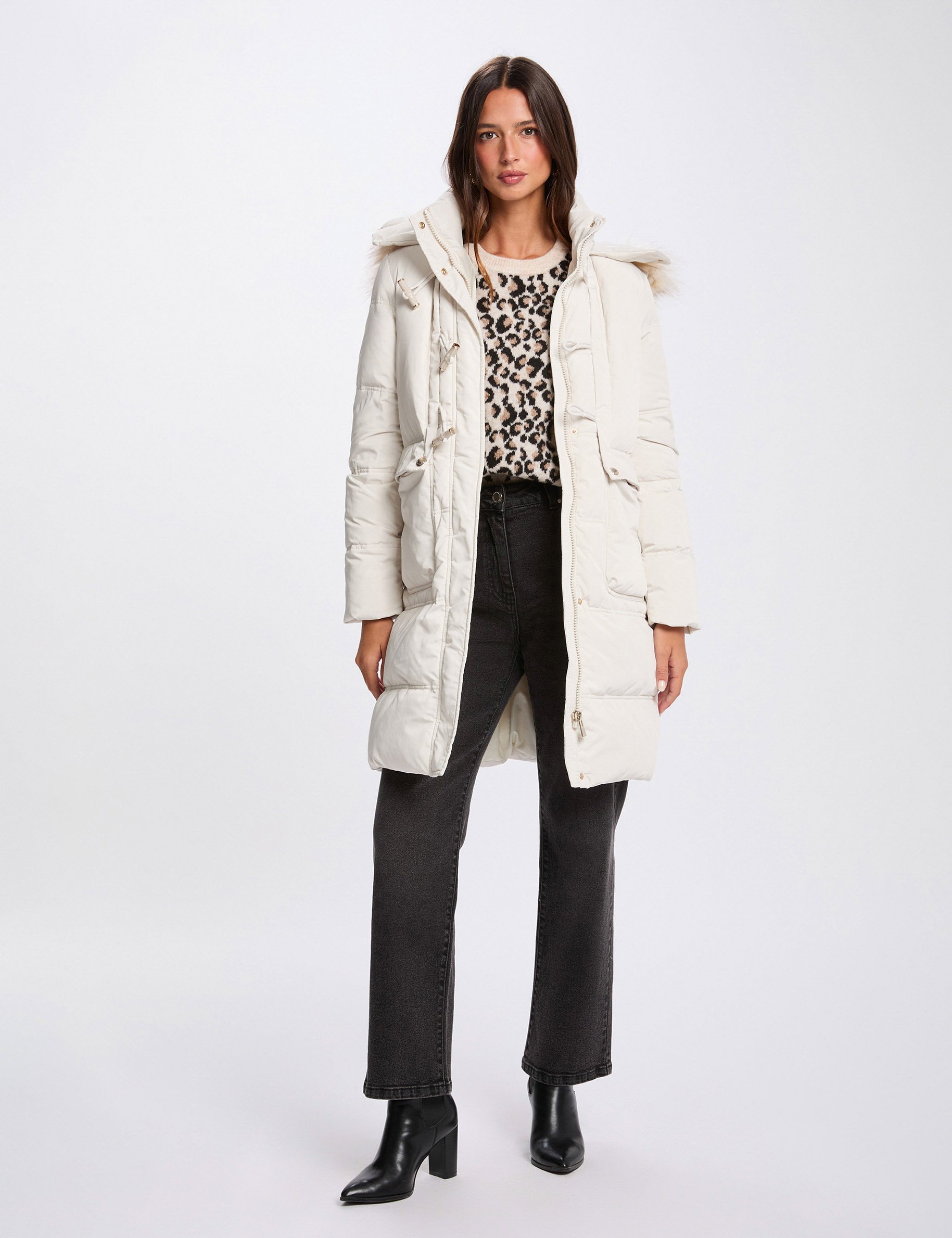 Long padded jacket with hood ivory women