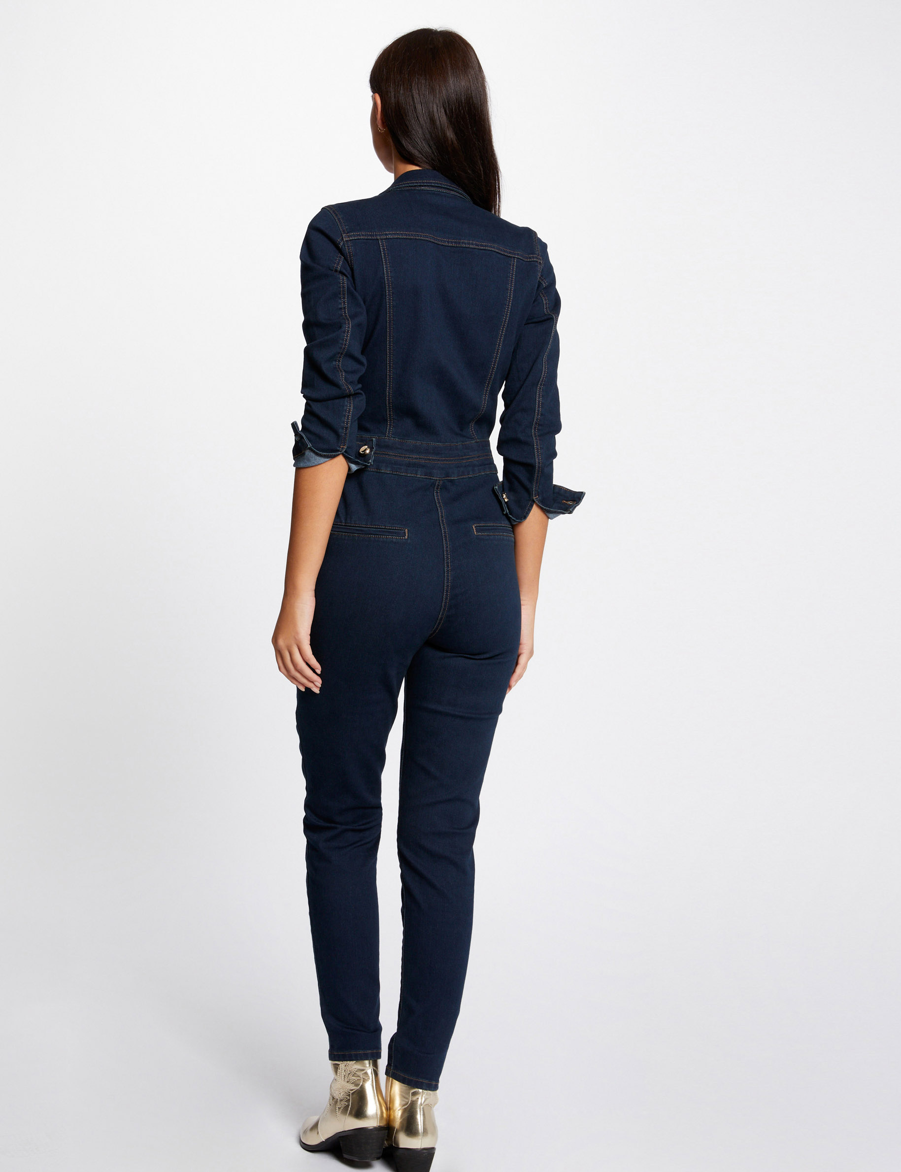 Fitted denim jumpsuit 3/4-length sleeves raw denim ladies'