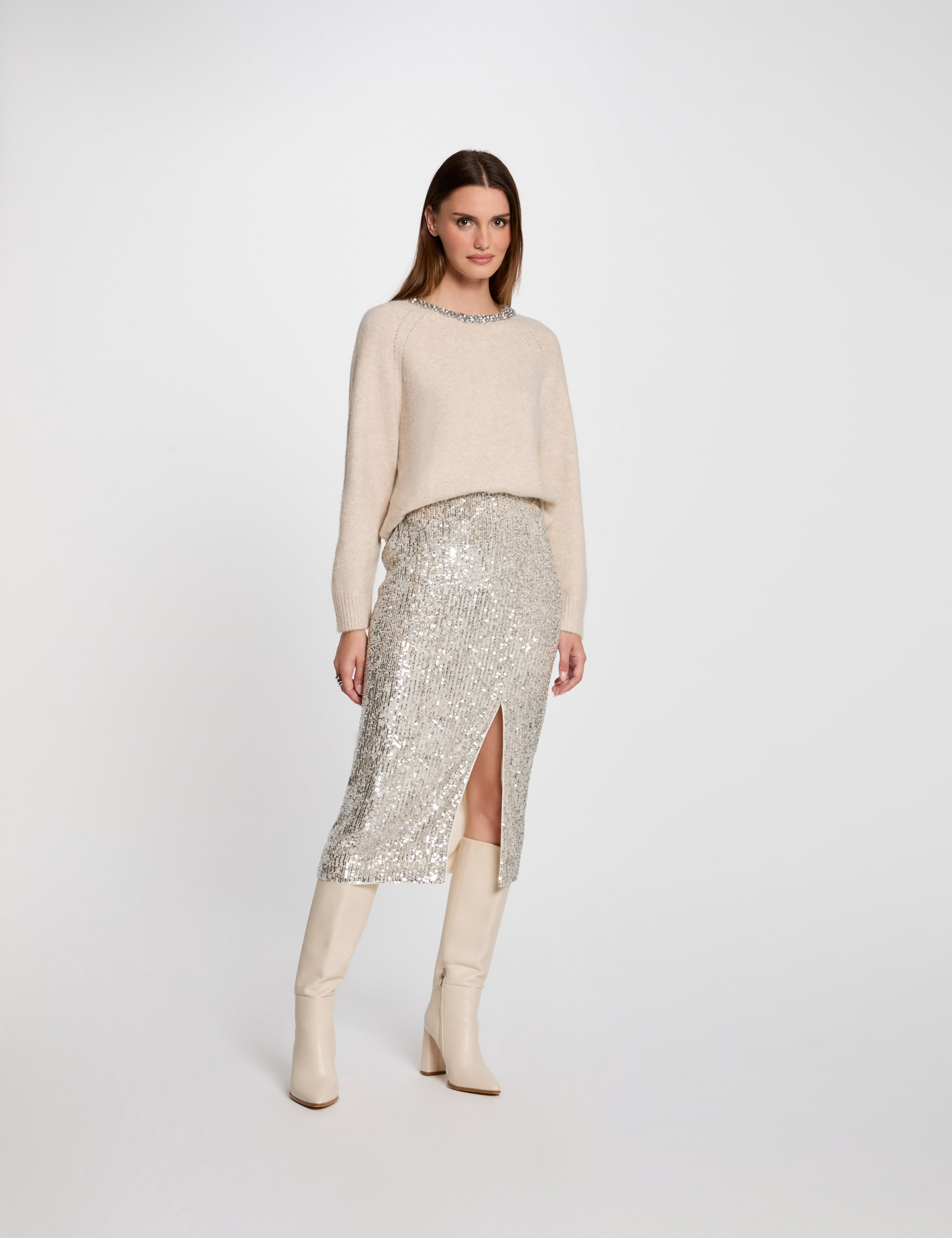jumper neck jewelled details beige women Jumper neck jewelled details beige women