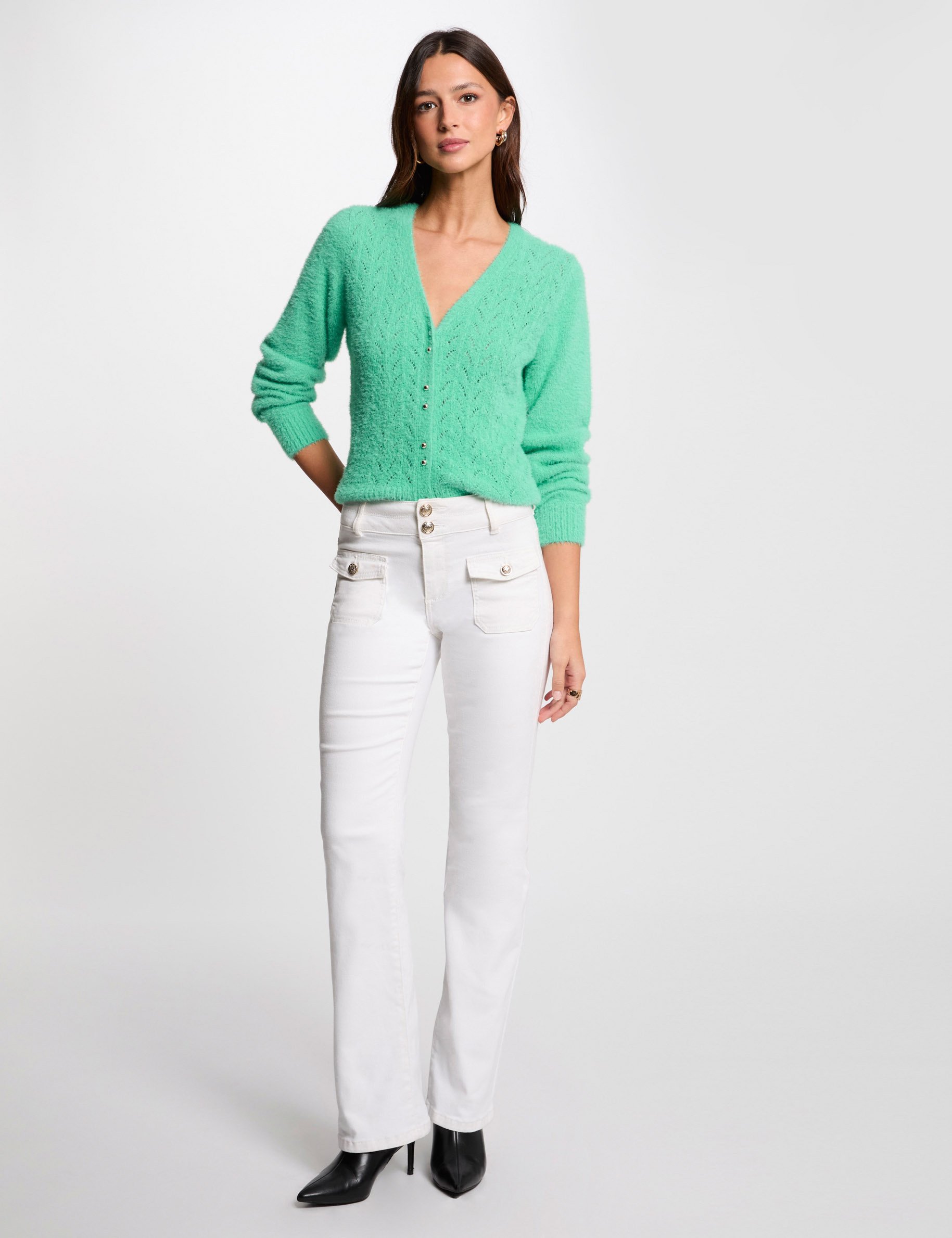 long sleeved cardigan openwork details mint green women Long-sleeved cardigan openwork details mint green women