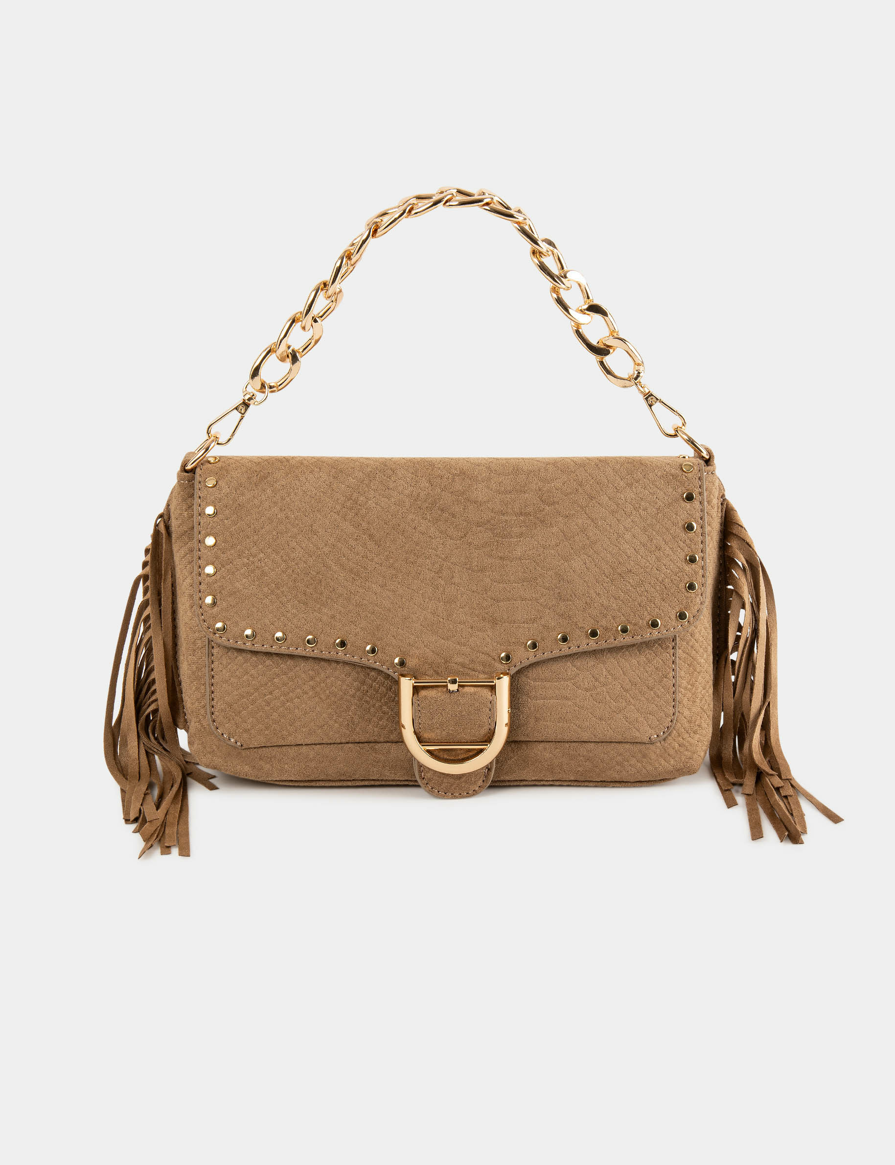 Bag with croc effect fringes and studs beige ladies'