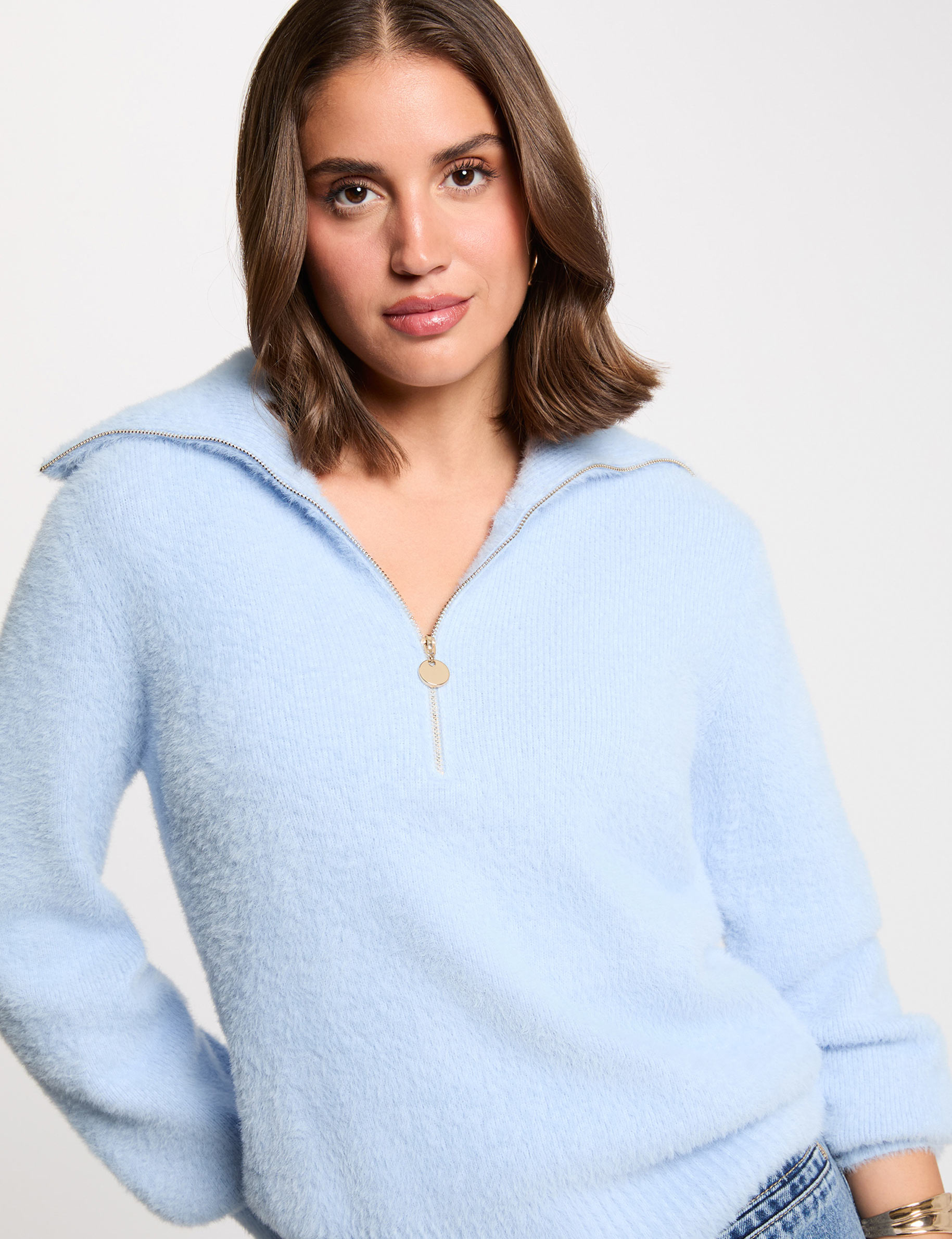 Long-sleeved jumper with zipped collar sky blue women