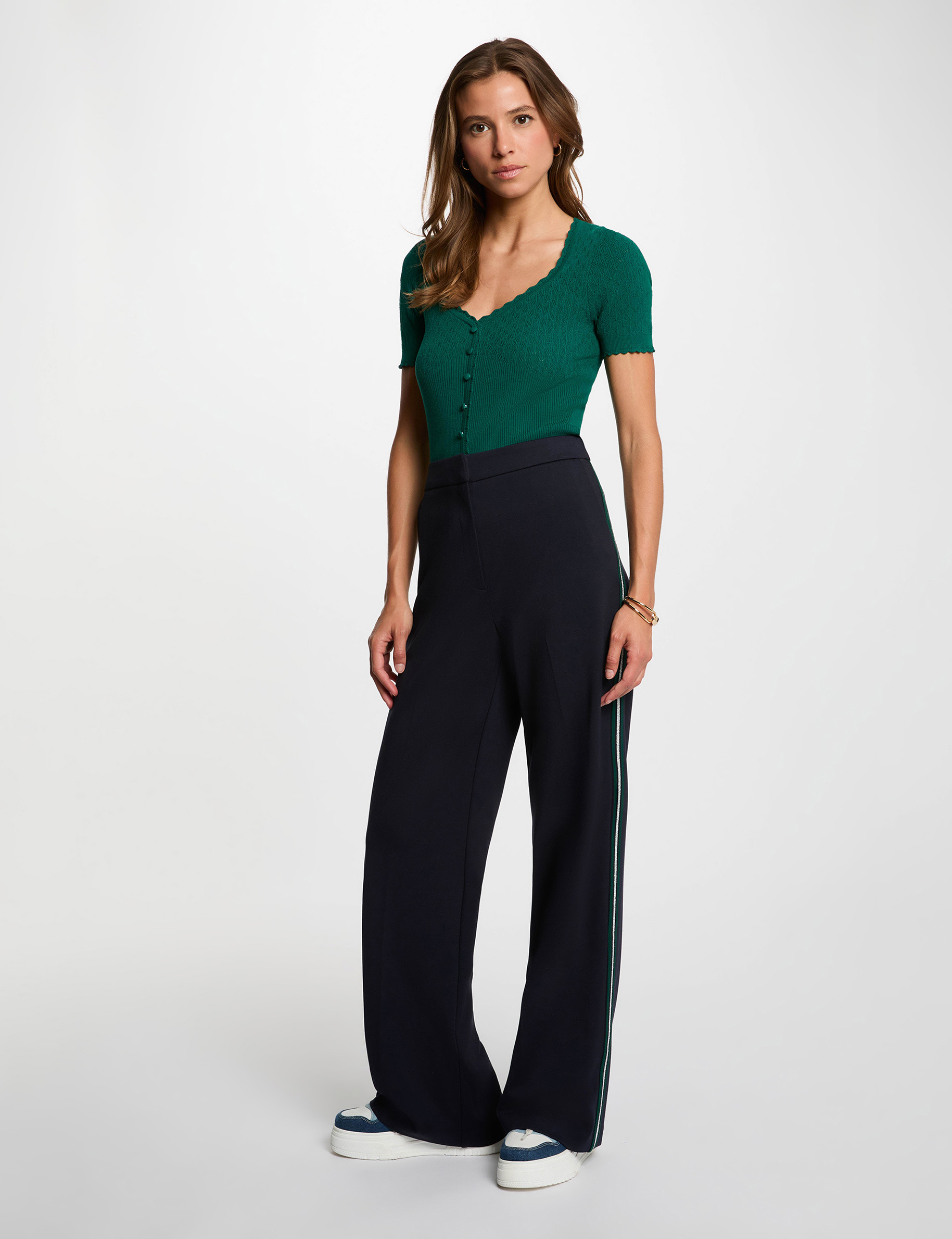 Wide-leg trousers with side stripes navy blue women