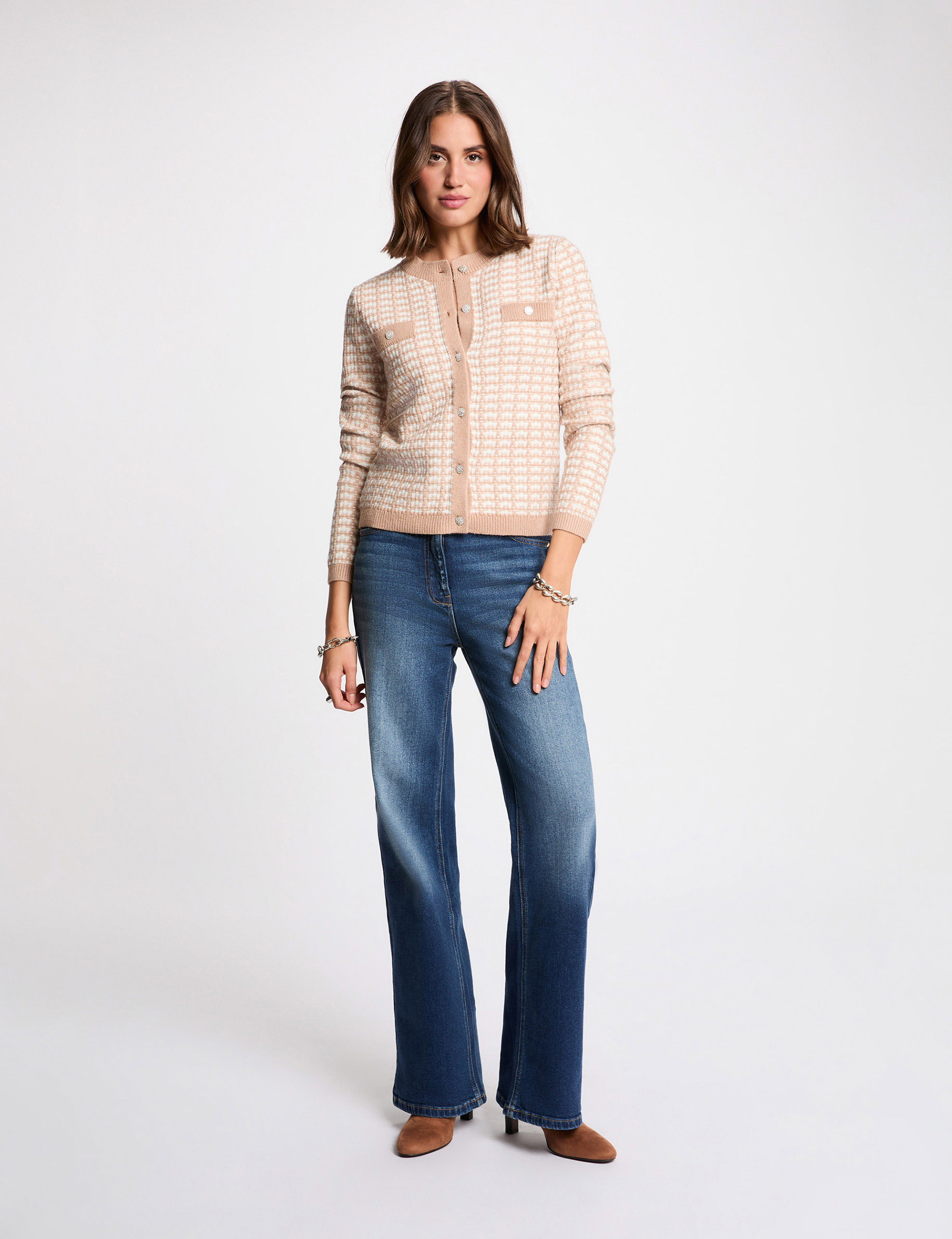 Fitted jacquard cardigan taupe women