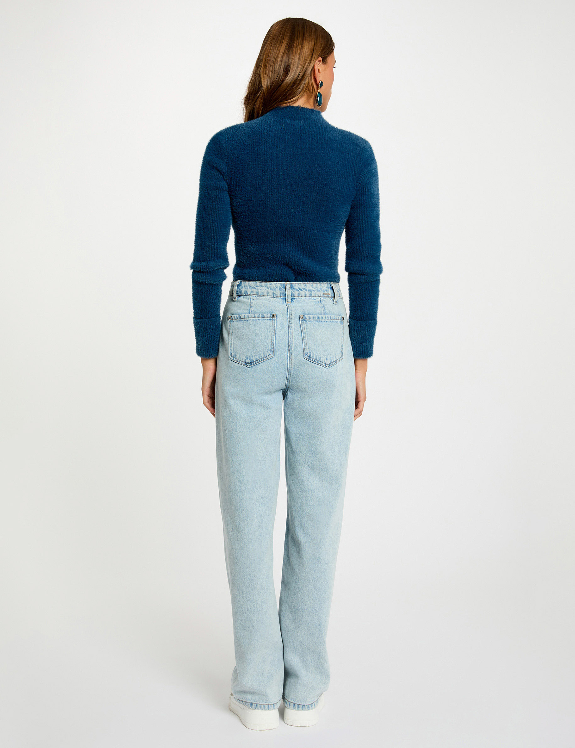 Long-sleeve fuzzy knit sweater petroleum blue women