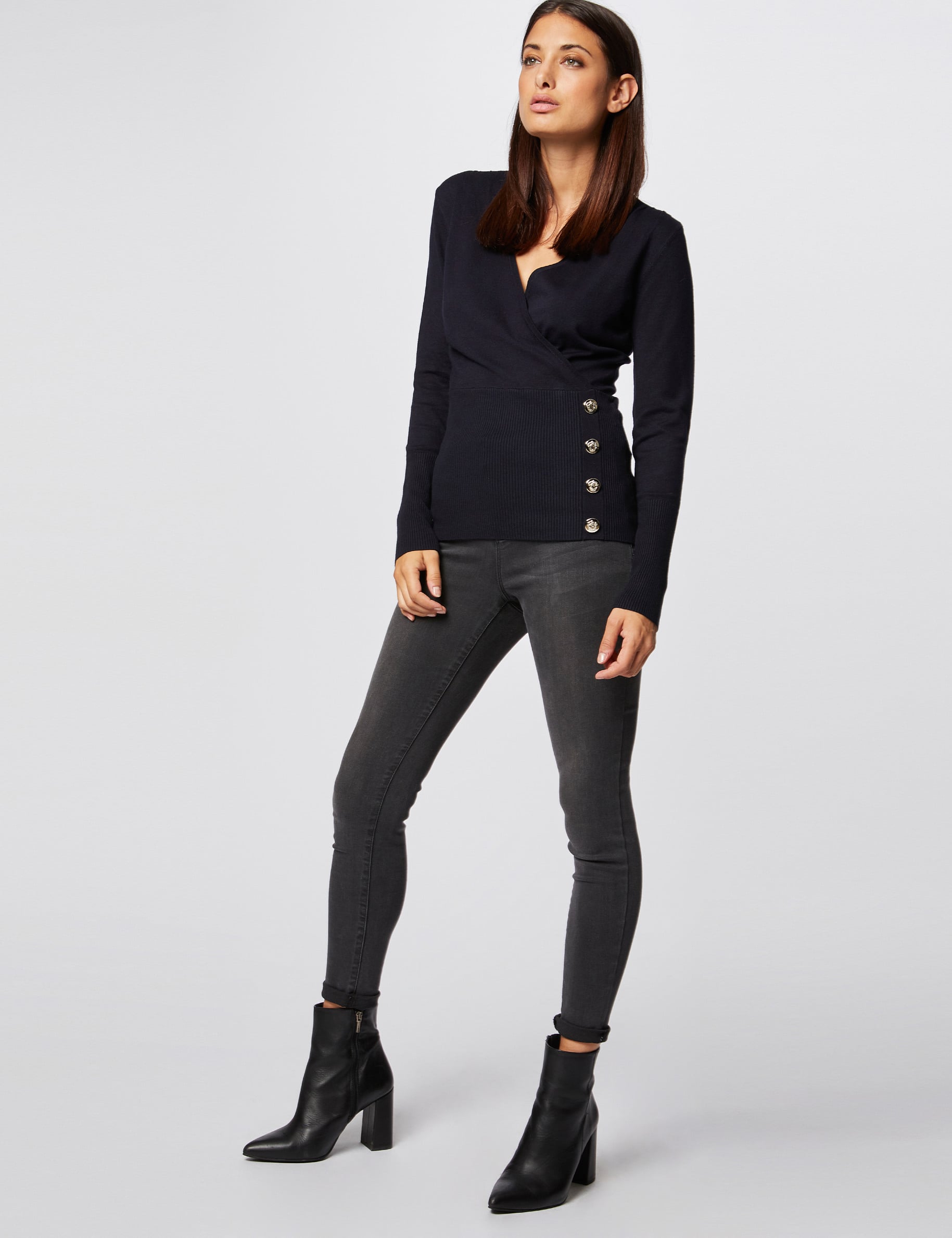 Long-sleeved jumper wrap-over neckline navy blue women