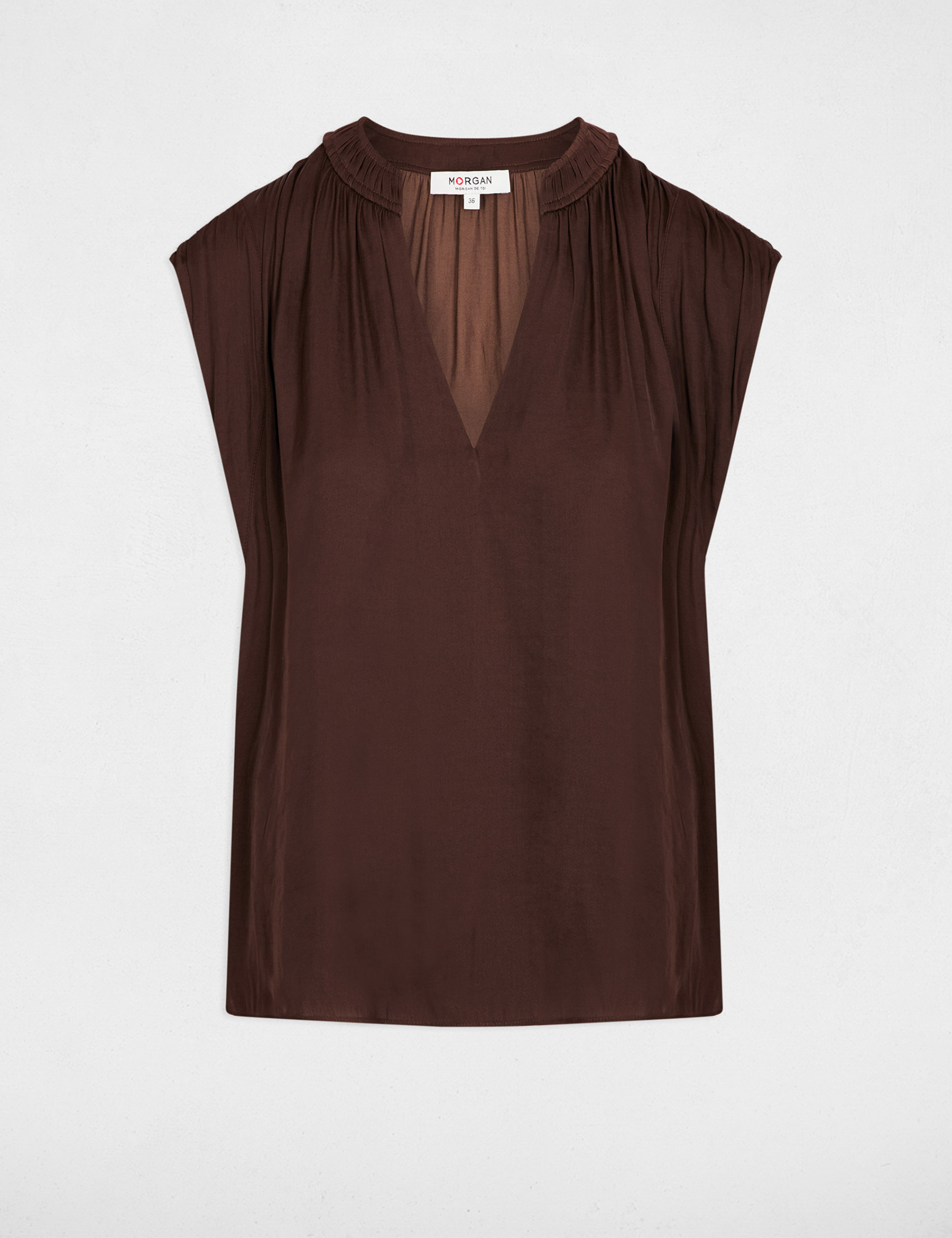 Satin short-sleeved blouse dark brown women