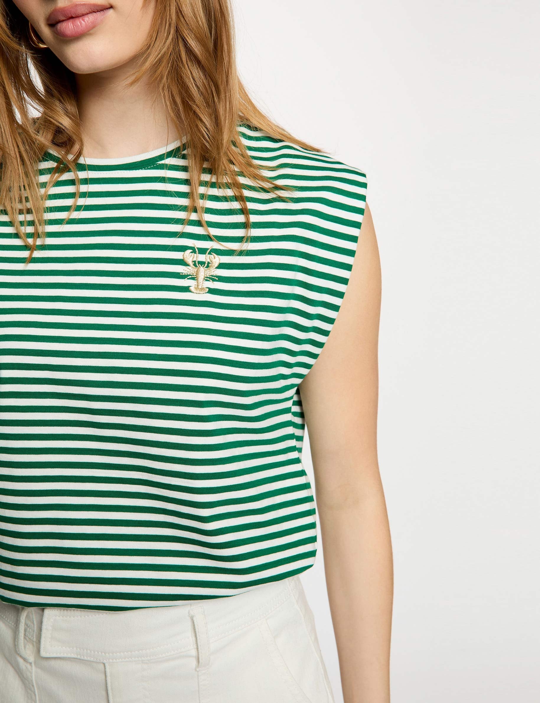 Striped embroidered t-shirt meadow green women