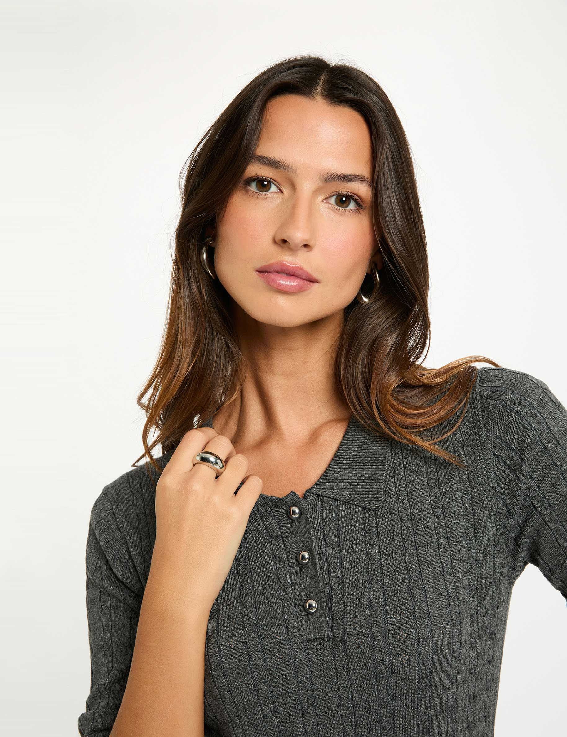 Fitted sweater with polo collar dark grey women