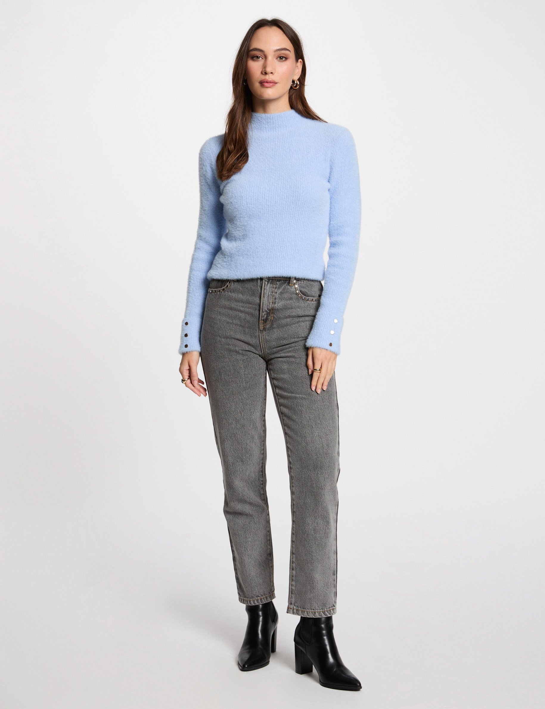 long sleeve fuzzy knit sweater sky blue women Long-sleeve fuzzy knit sweater sky blue women