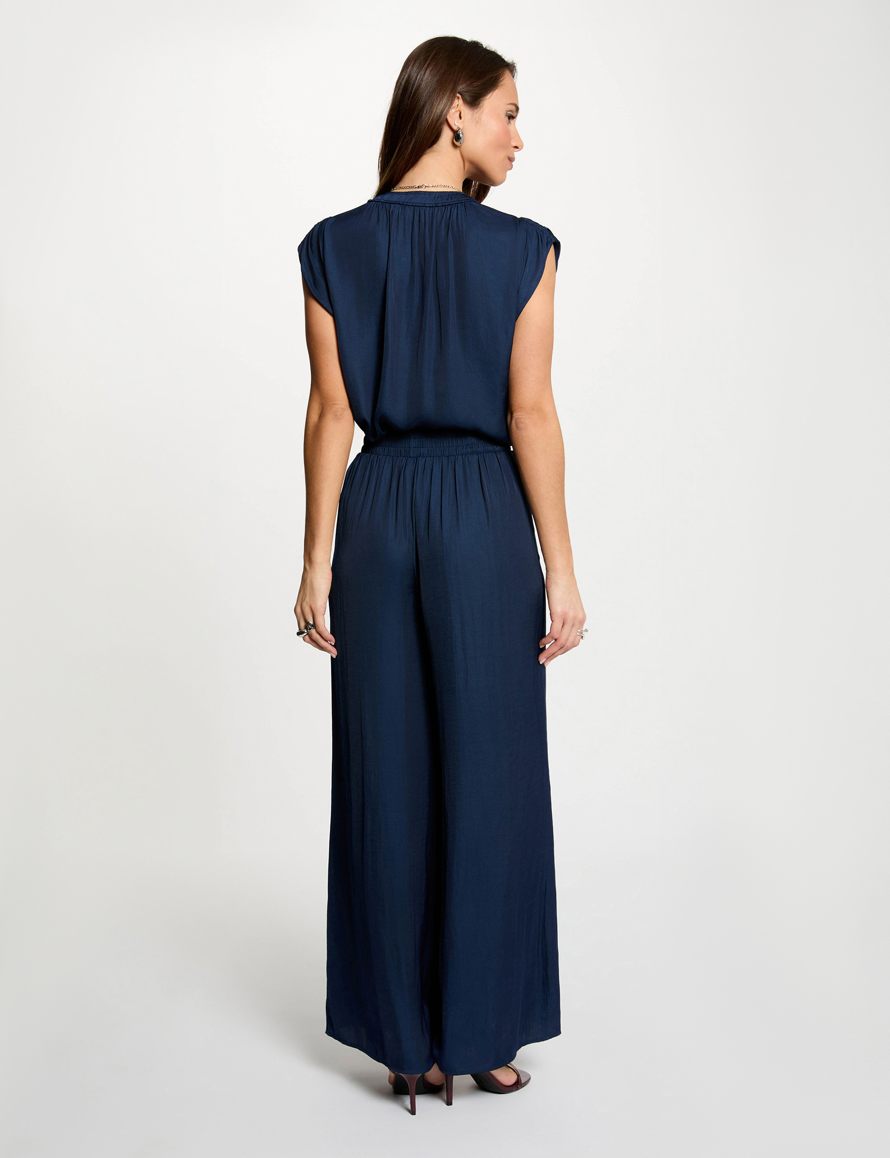 Satin short-sleeved blouse navy blue women