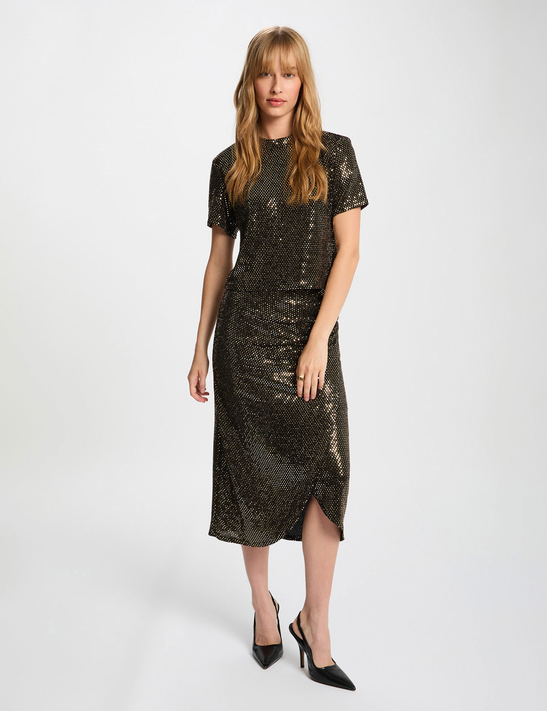 High neck sequin t-shirt gold yellow women