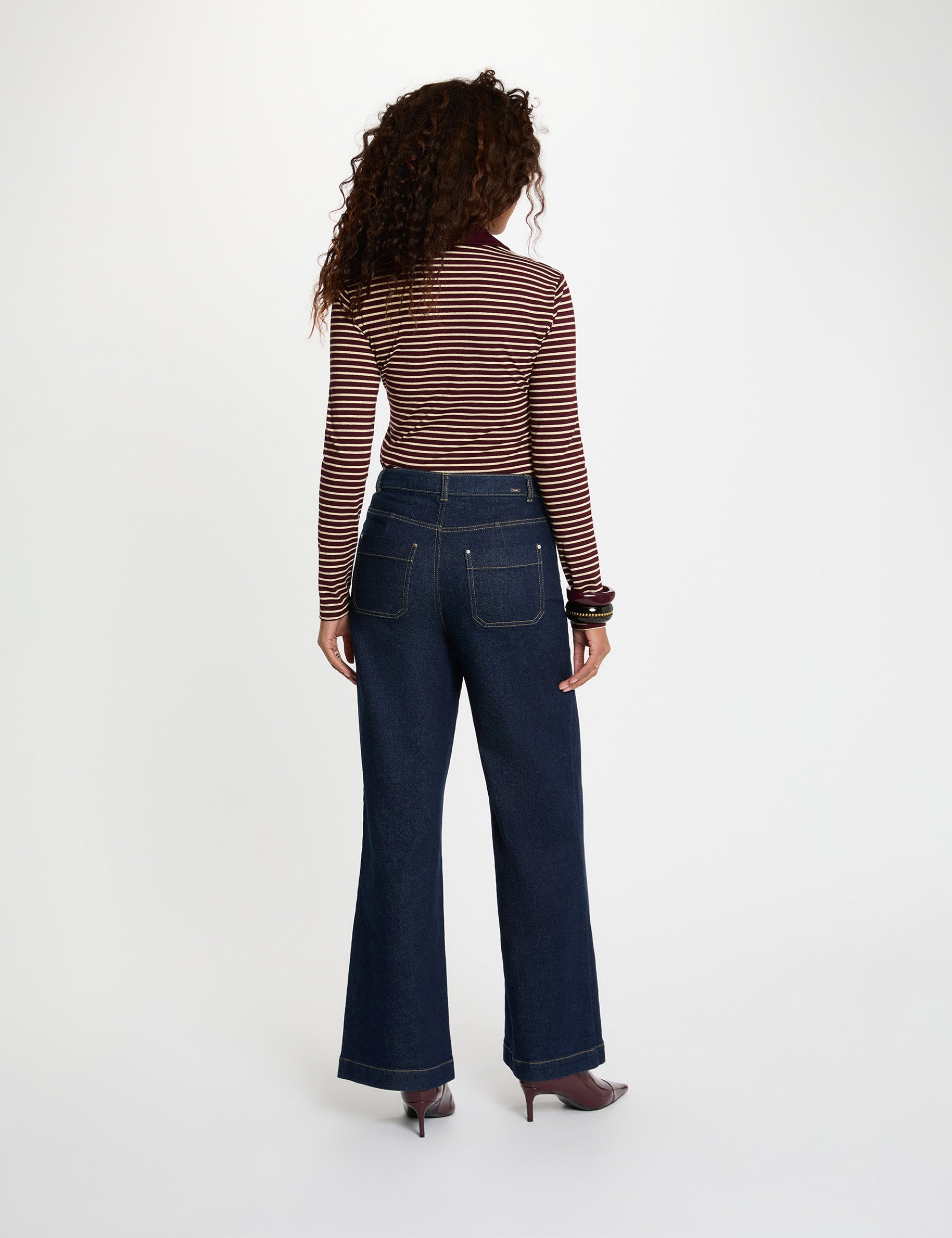 Striped long-sleeved polo bordeaux women